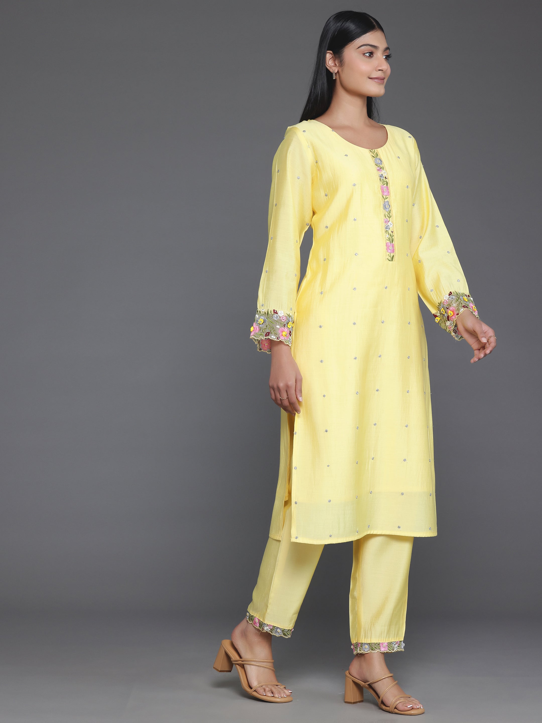 Yellow Embroidered Silk Blend Straight Suit With Dupatta