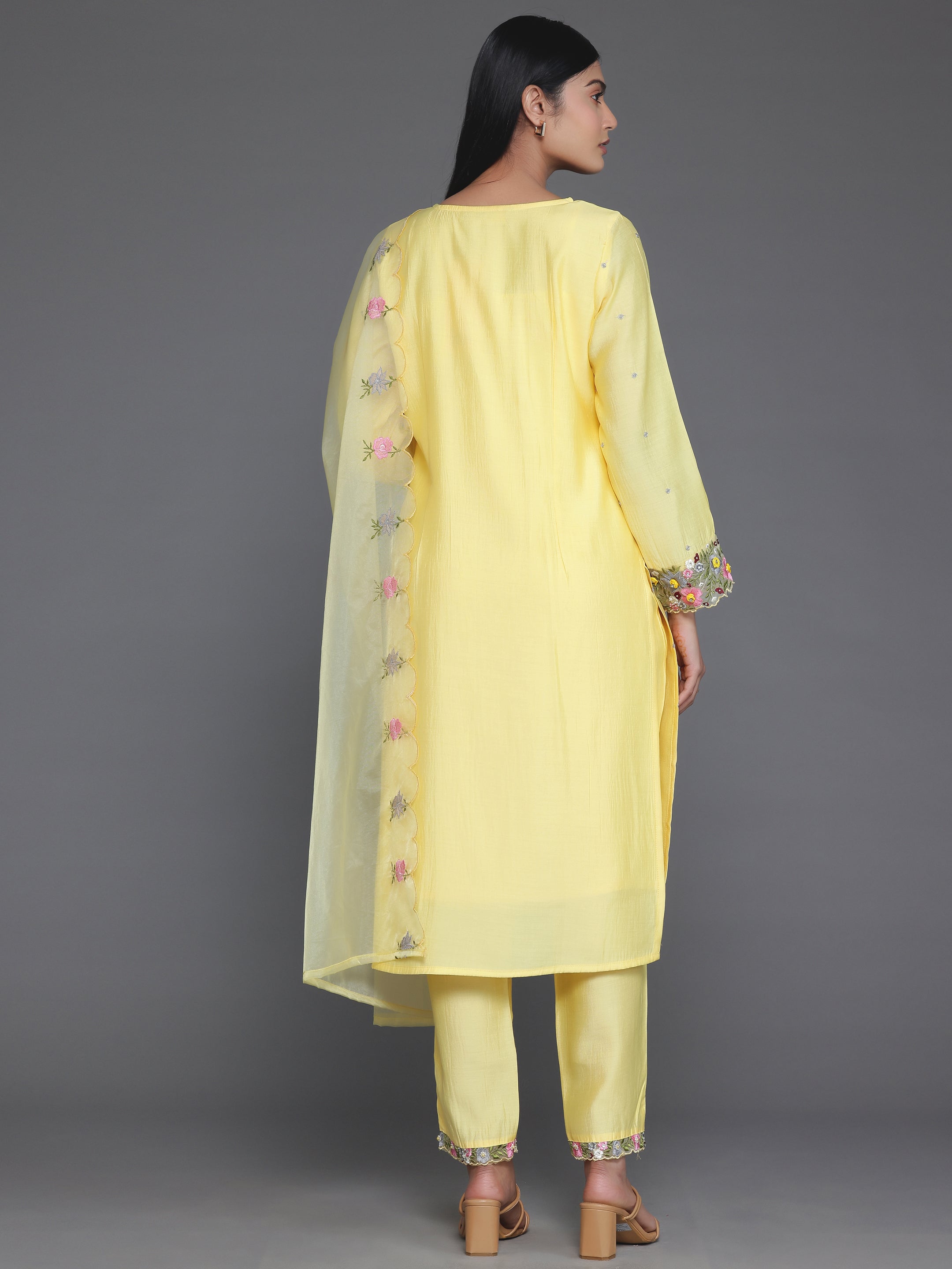 Yellow Embroidered Silk Blend Straight Suit With Dupatta