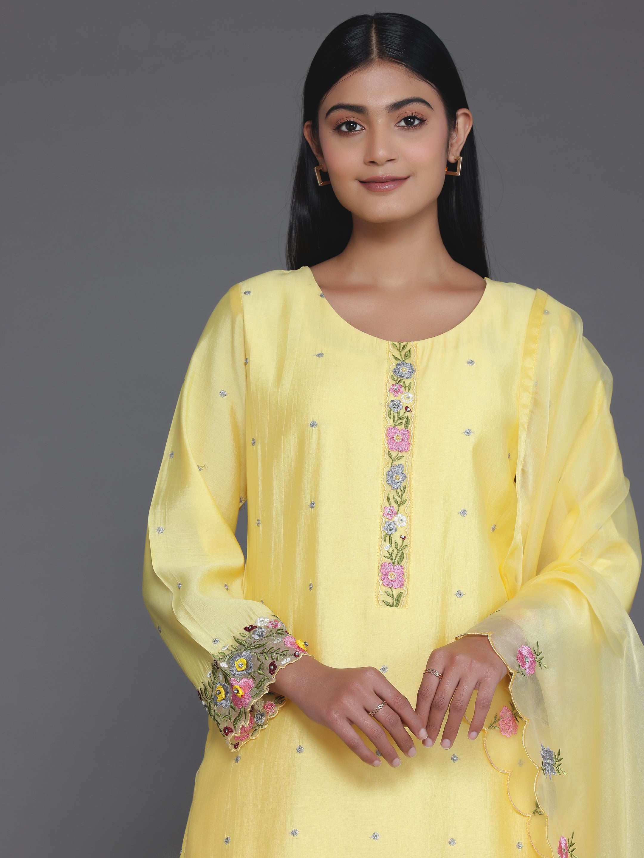 Yellow Embroidered Silk Blend Straight Suit With Dupatta