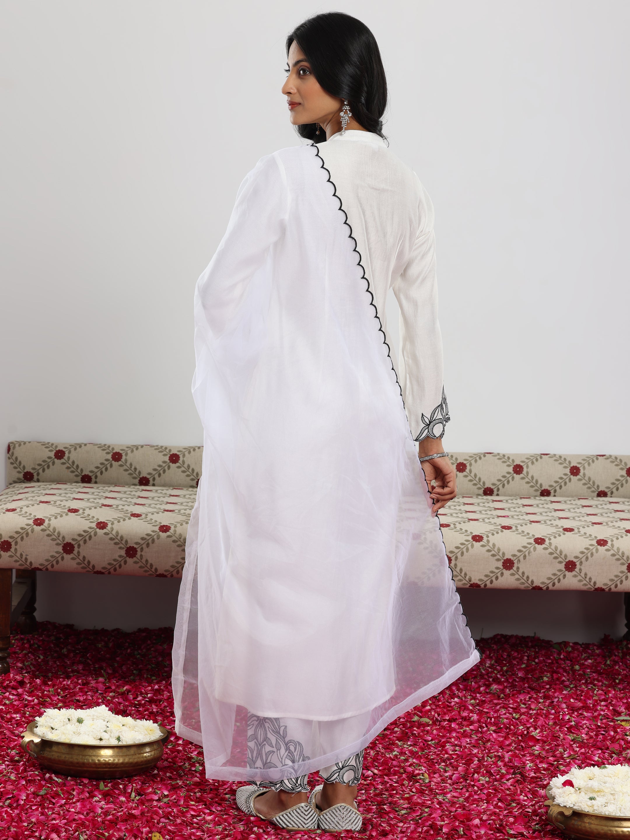 White Solid Silk Blend Straight Suit With Dupatta