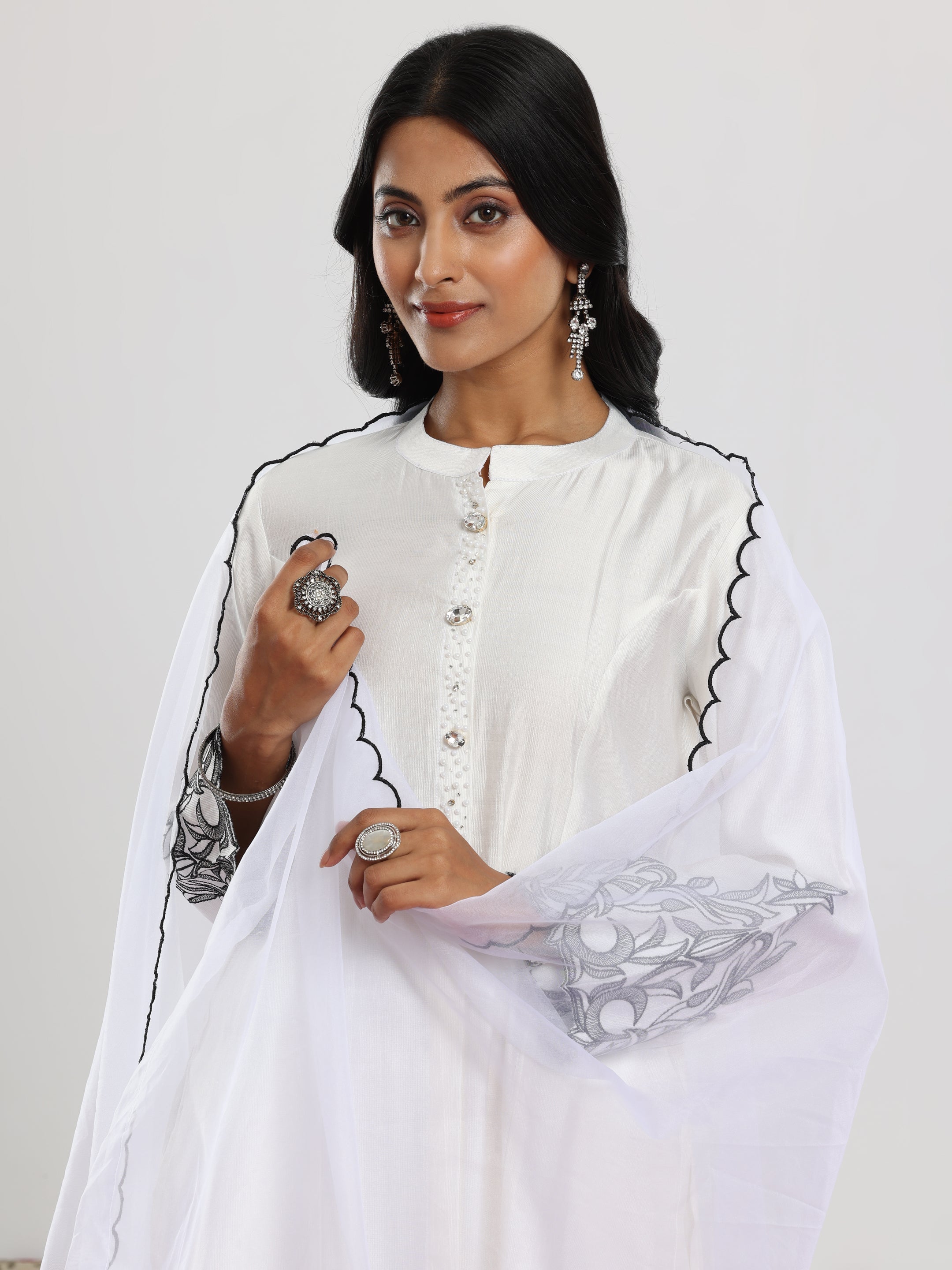 White Solid Silk Blend Straight Suit With Dupatta