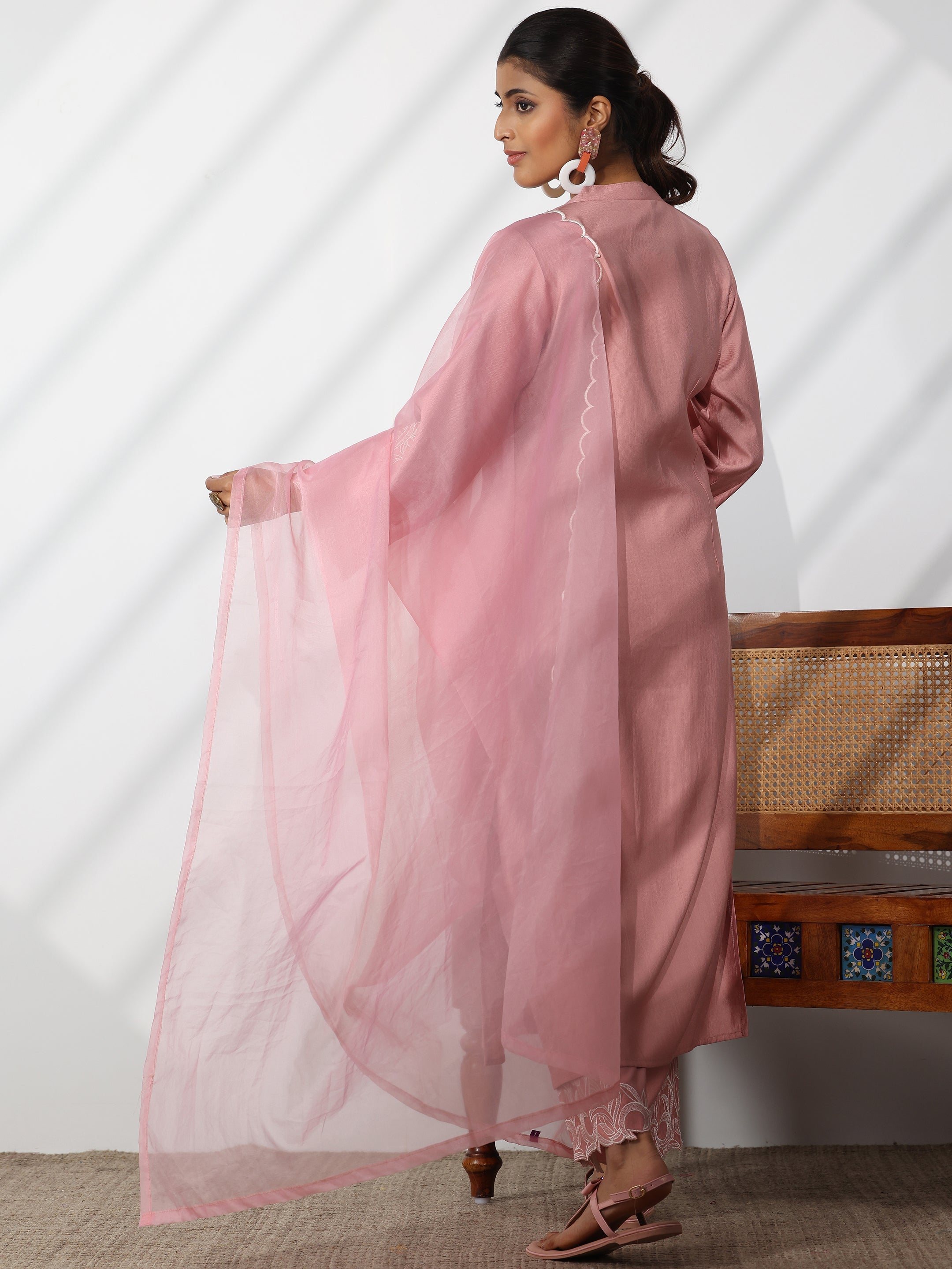 Dusty Pink Solid Silk Blend Straight Suit With Dupatta