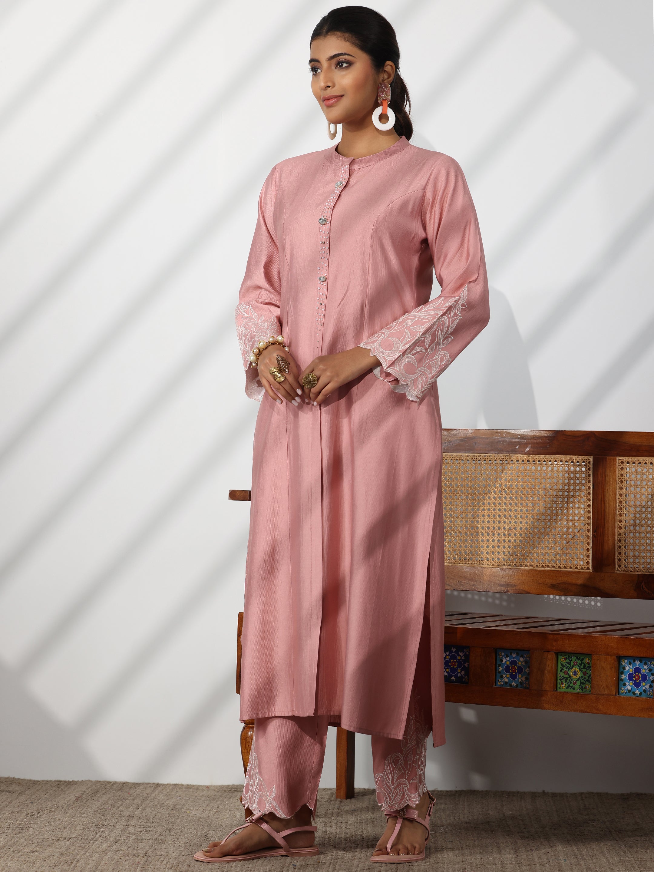 Dusty Pink Solid Silk Blend Straight Suit With Dupatta