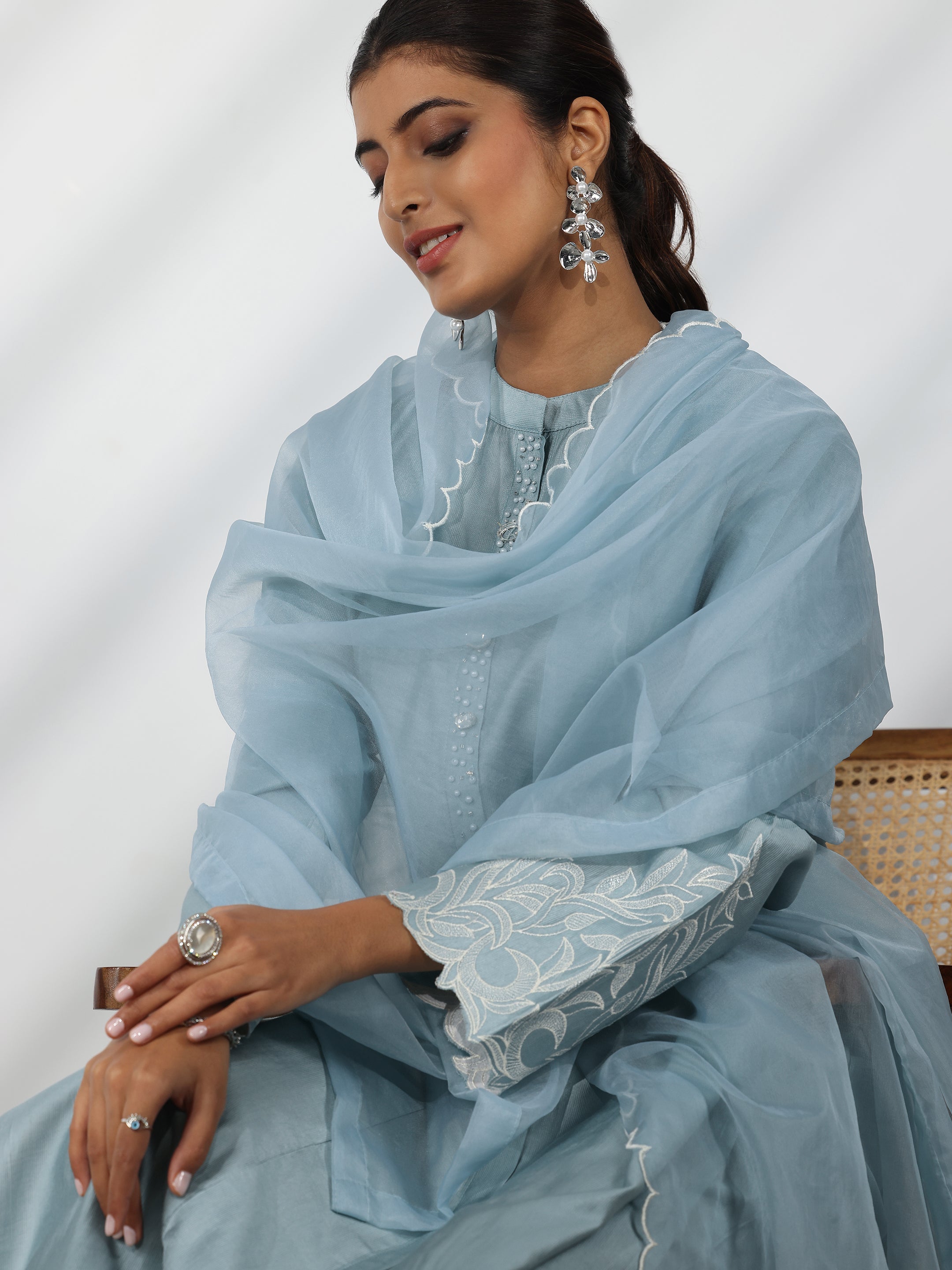 Blue Solid Silk Blend Straight Suit With Dupatta