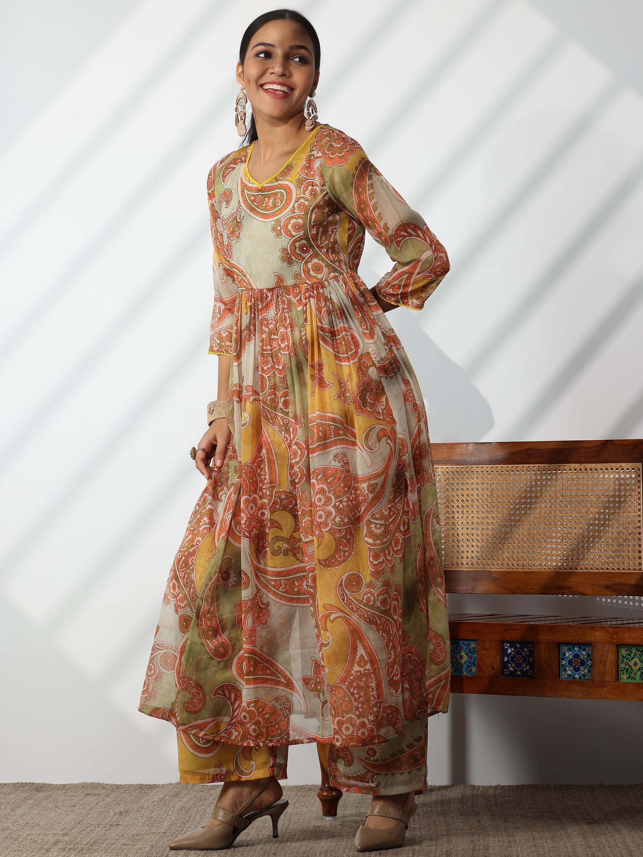 Mustard Printed Poly Chiffon A-Line Kurta With Palazzos & Dupatta