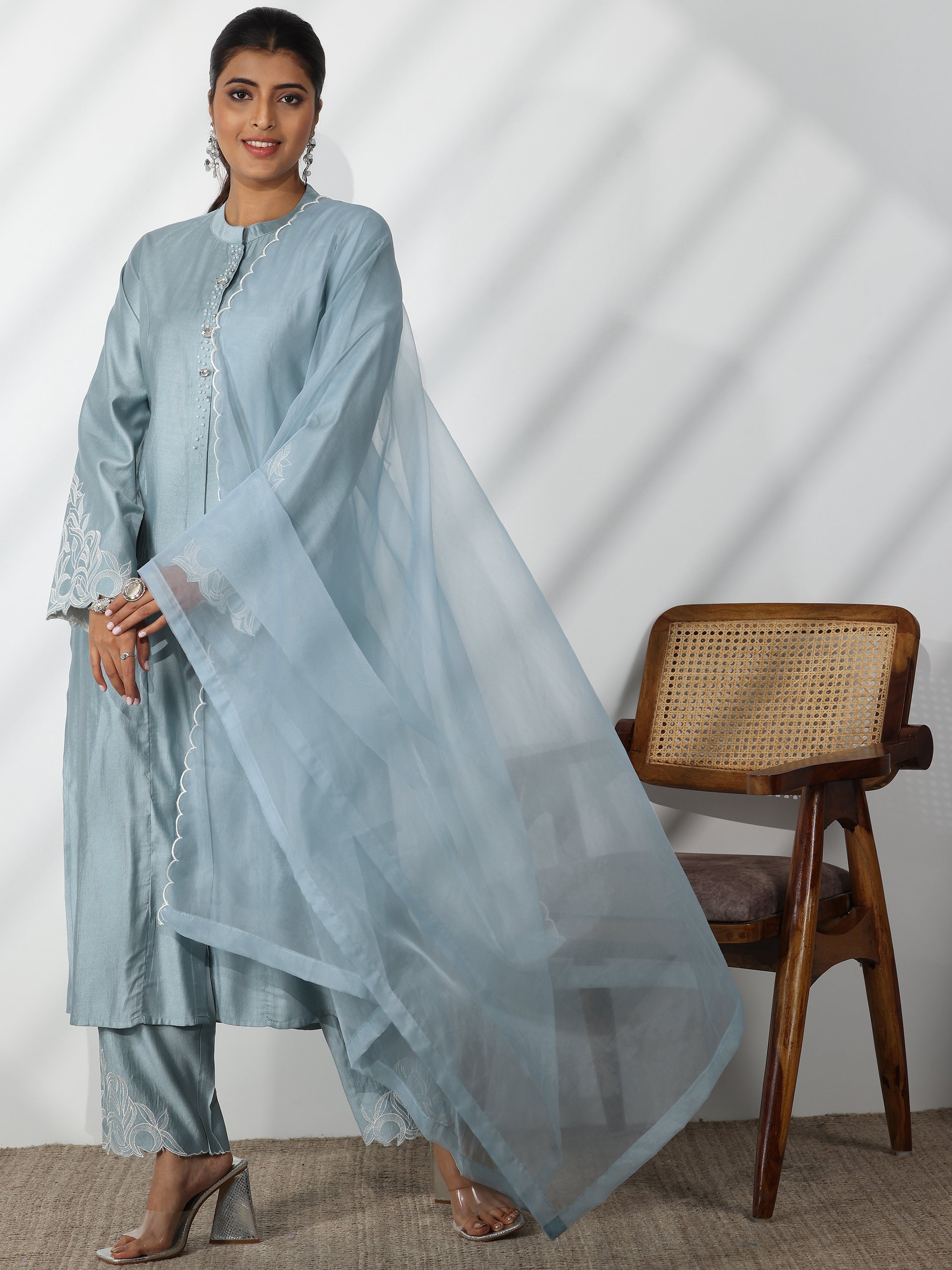 Blue Solid Silk Blend Straight Suit With Dupatta