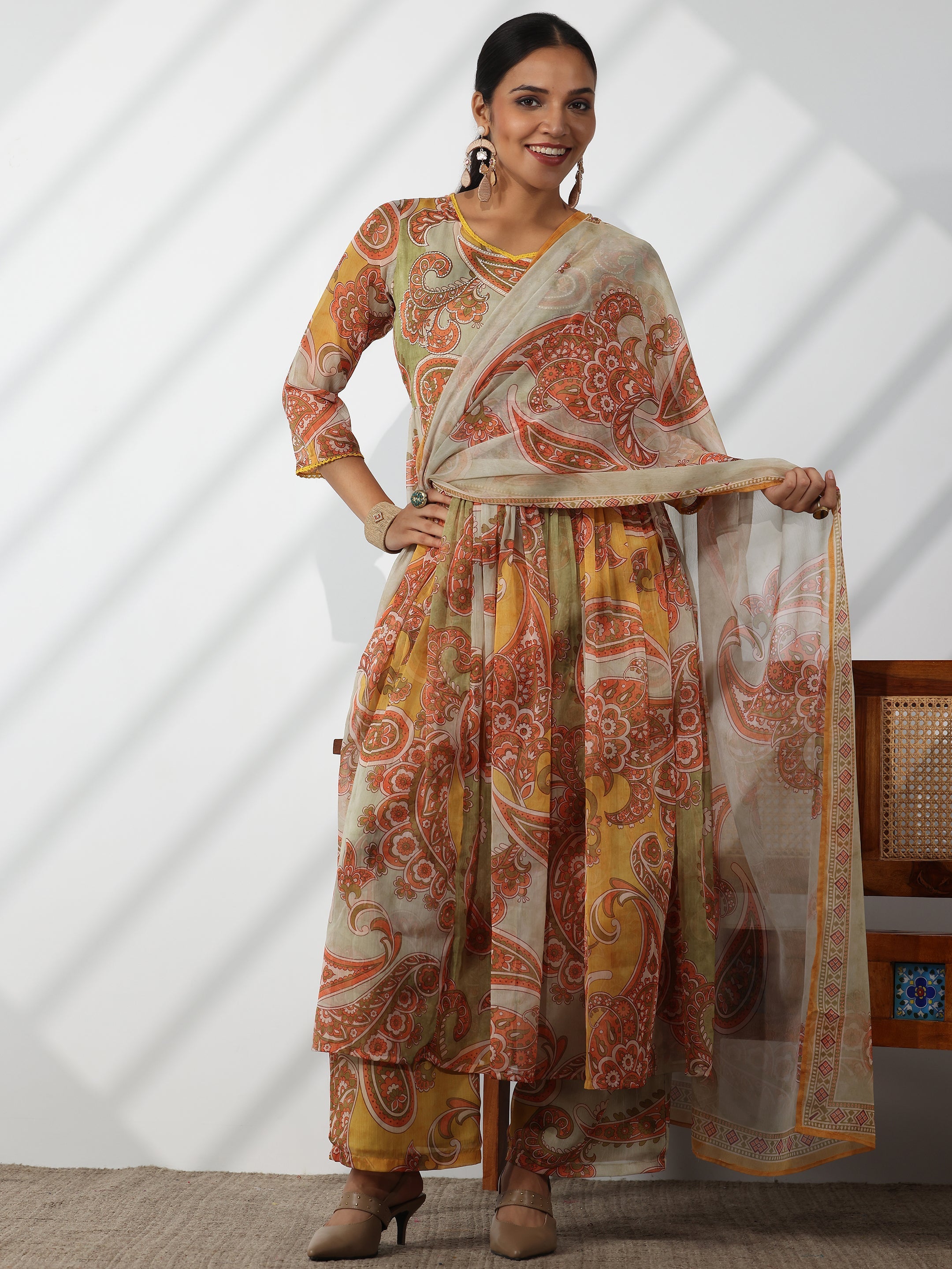 Mustard Printed Poly Chiffon A-Line Kurta With Palazzos & Dupatta