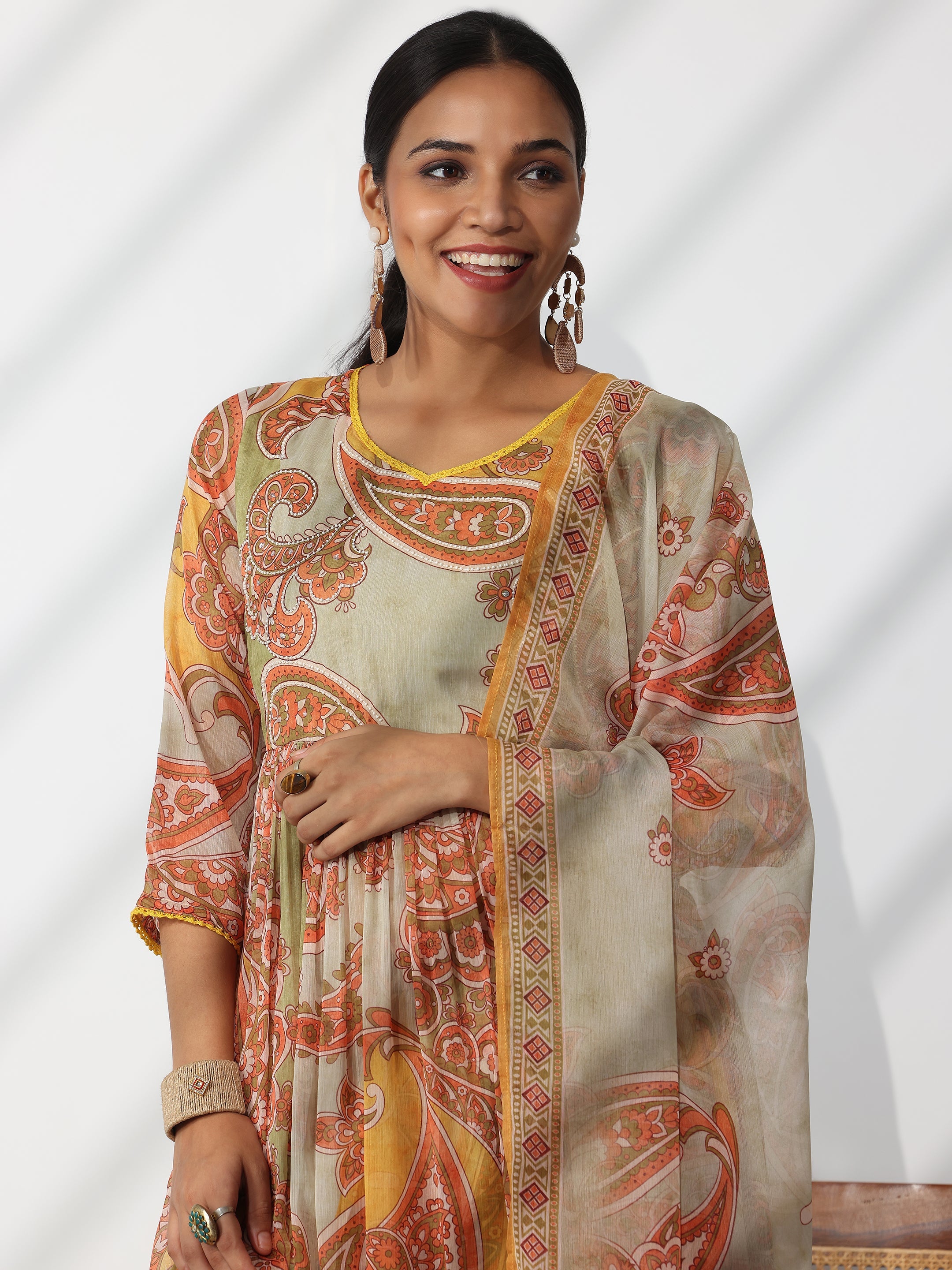 Mustard Printed Poly Chiffon A-Line Kurta With Palazzos & Dupatta