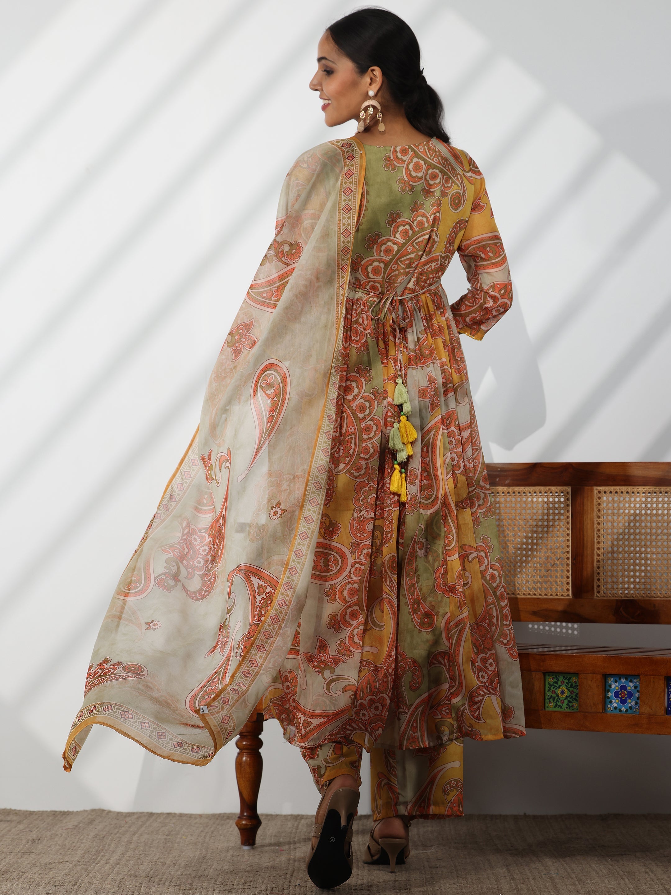 Mustard Printed Poly Chiffon A-Line Kurta With Palazzos & Dupatta