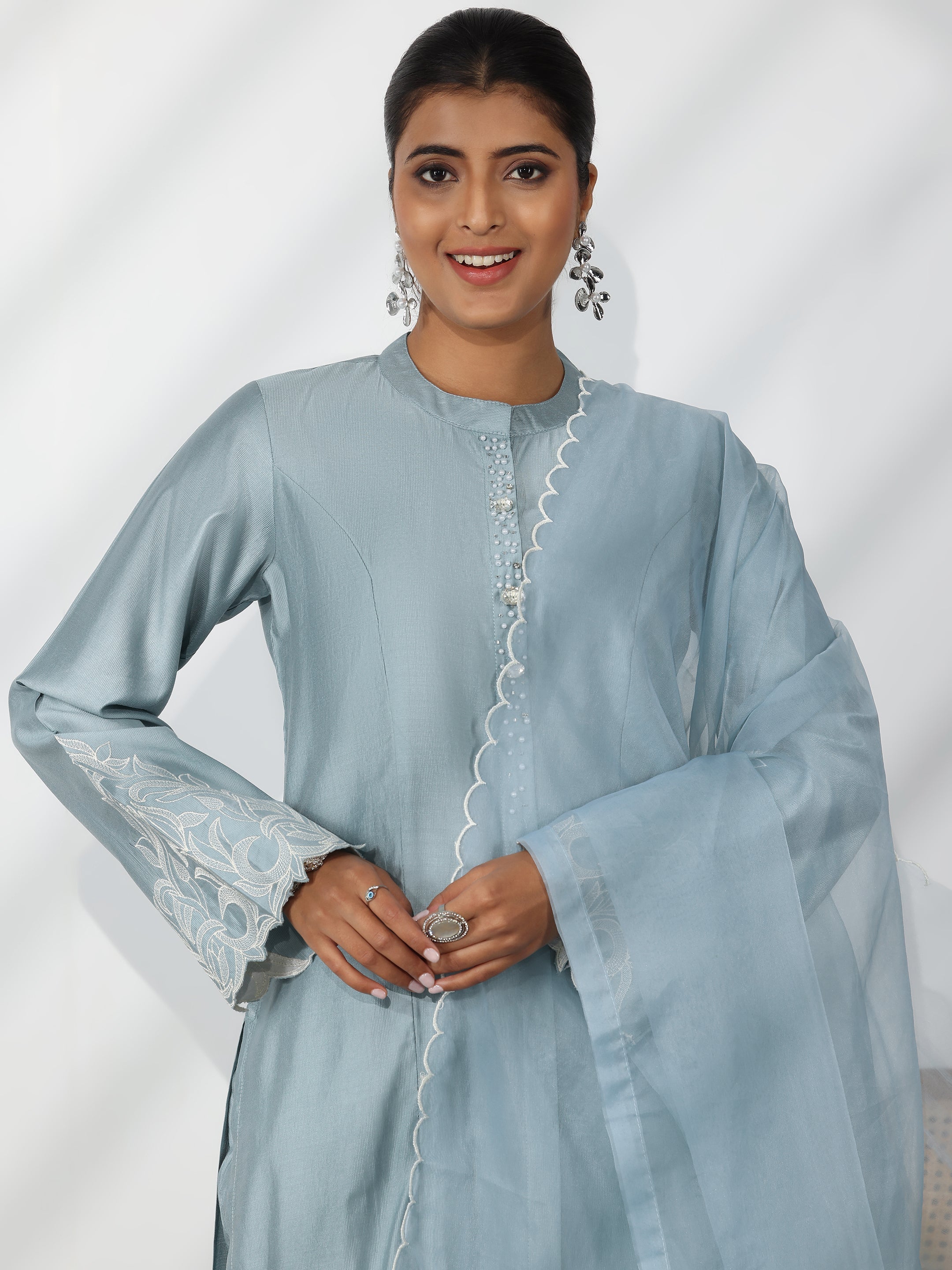 Blue Solid Silk Blend Straight Suit With Dupatta