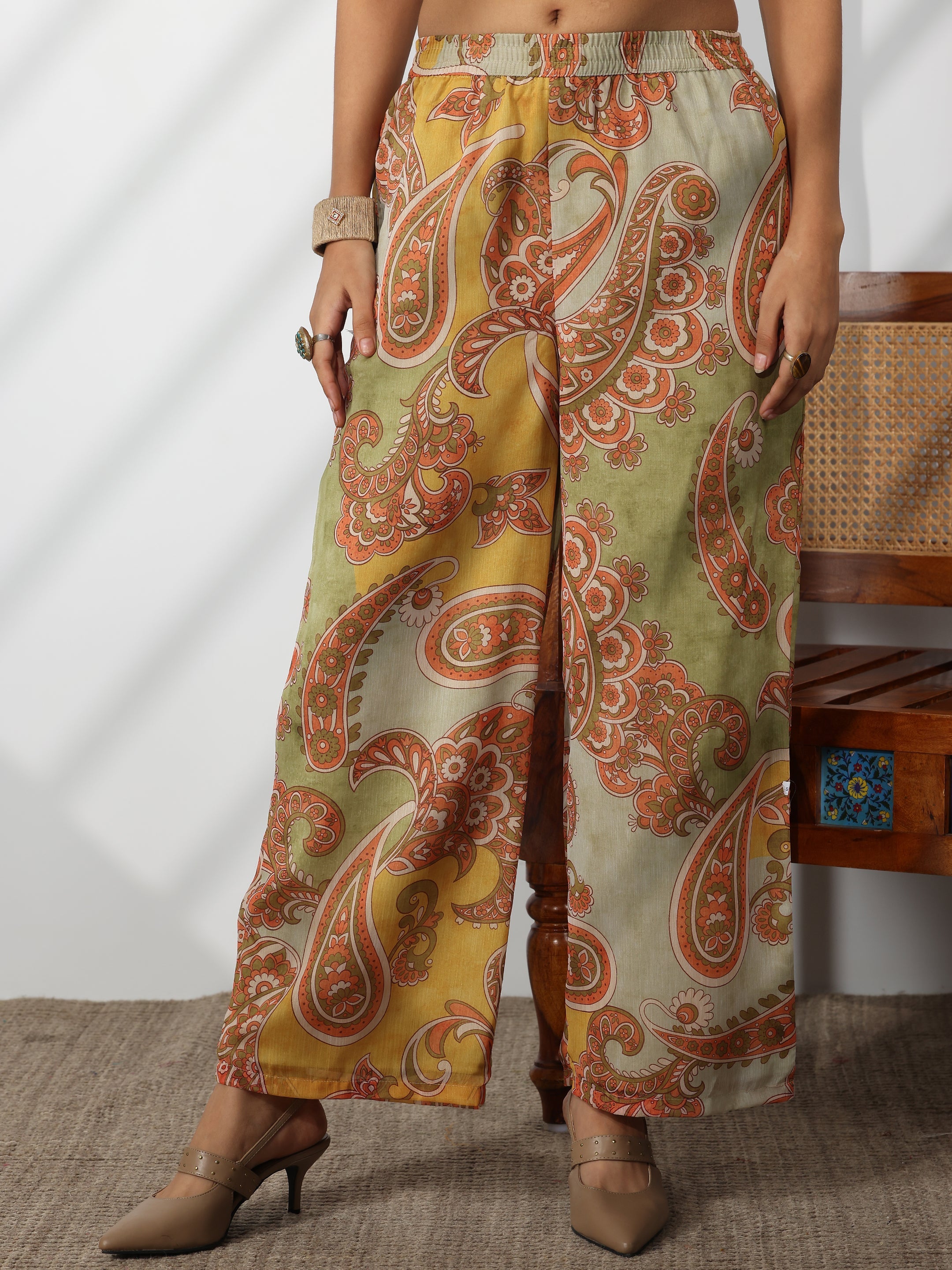 Mustard Printed Poly Chiffon A-Line Kurta With Palazzos & Dupatta