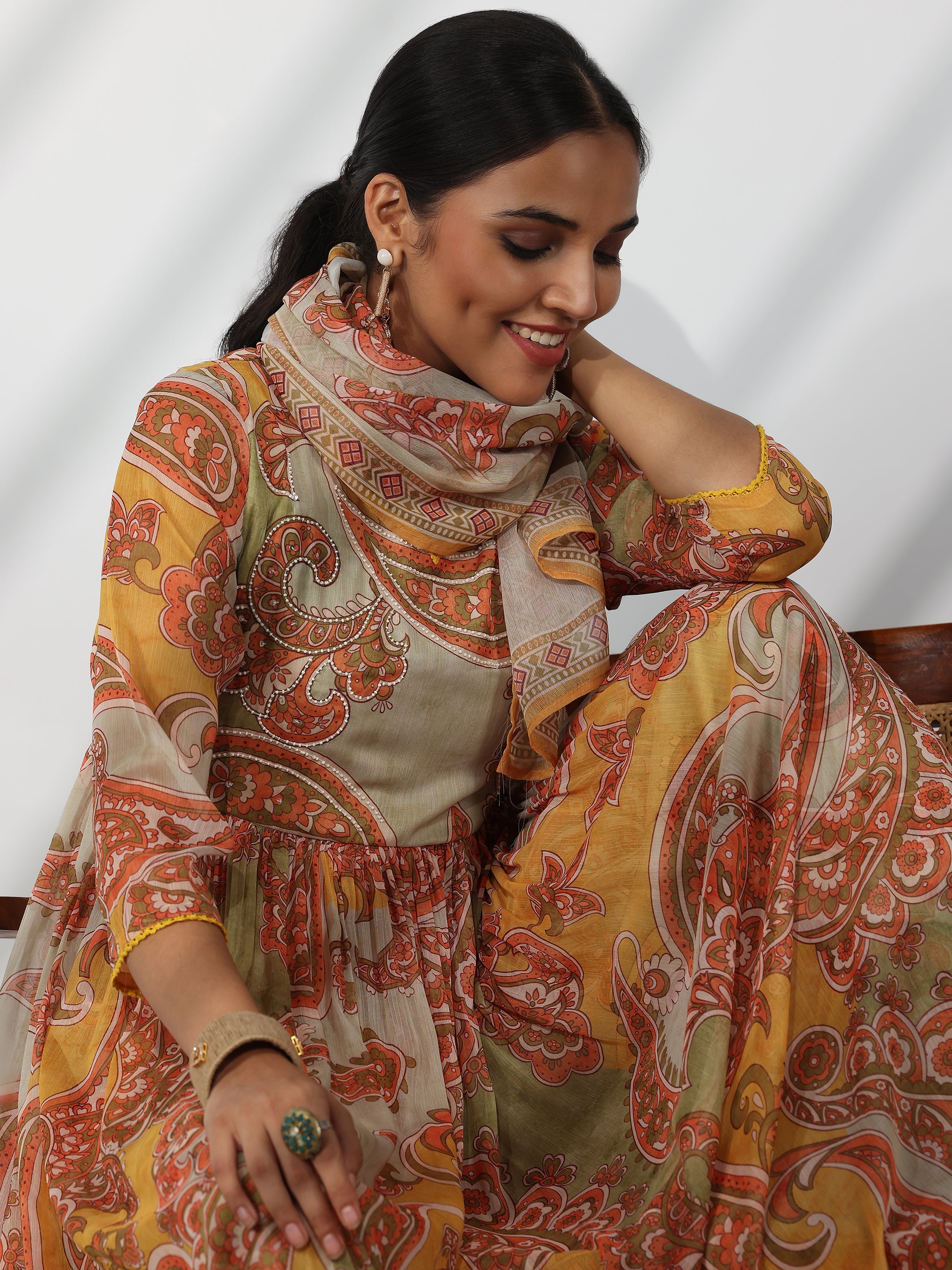 Mustard Printed Poly Chiffon A-Line Kurta With Palazzos & Dupatta