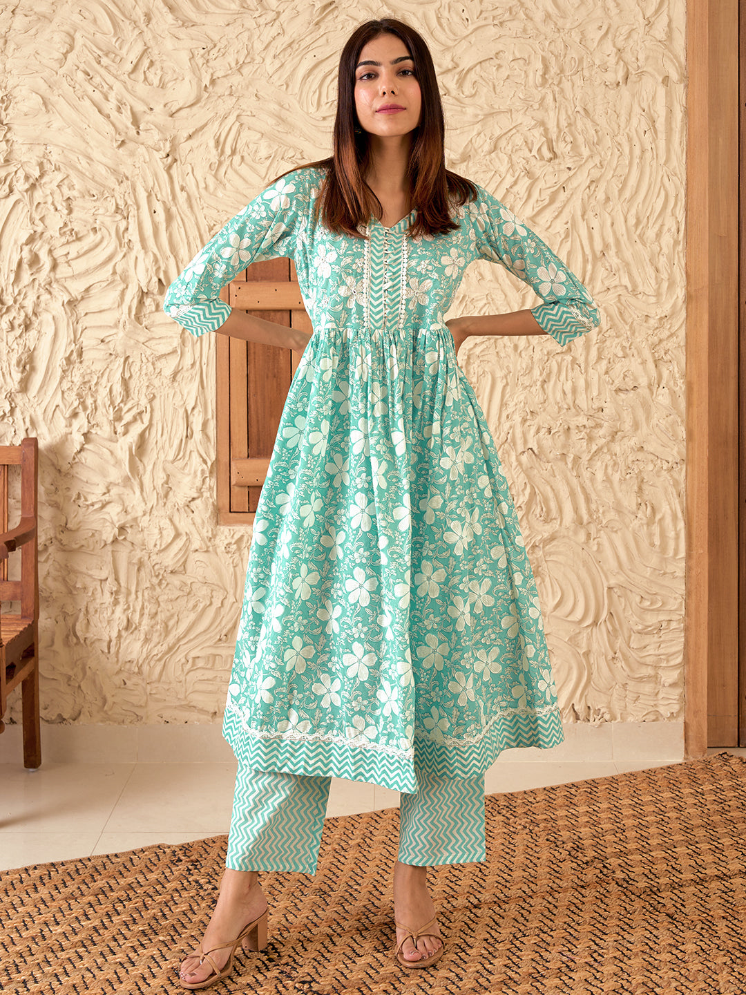 Green Printed Cotton Anarkali Kurta Set