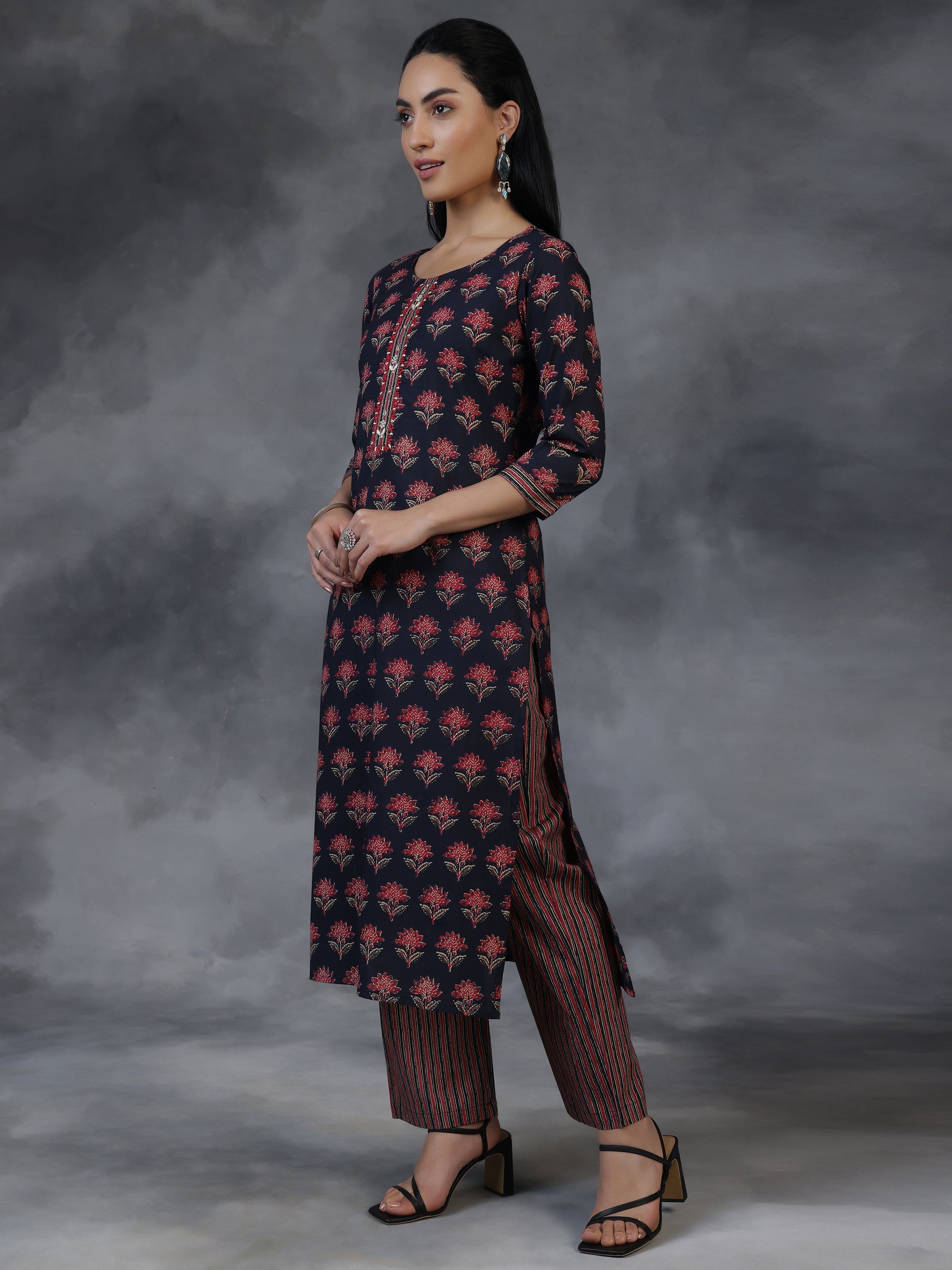 Blue Printed Cotton Straight Suit With Dupatta