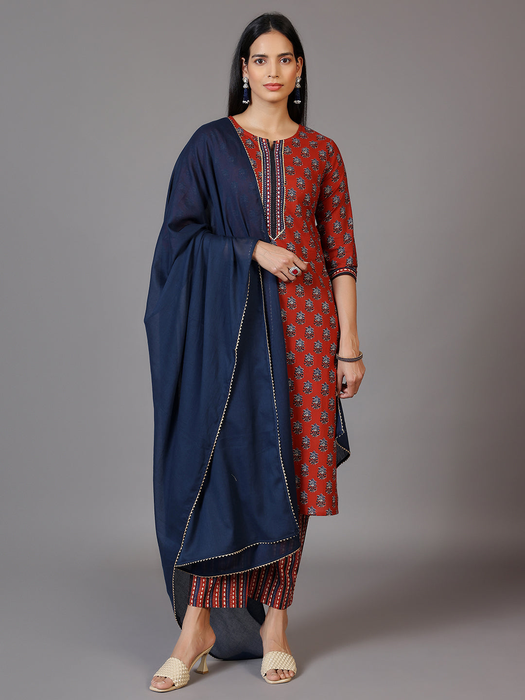 Rust Printed Cotton Straight Suit With Dupatta