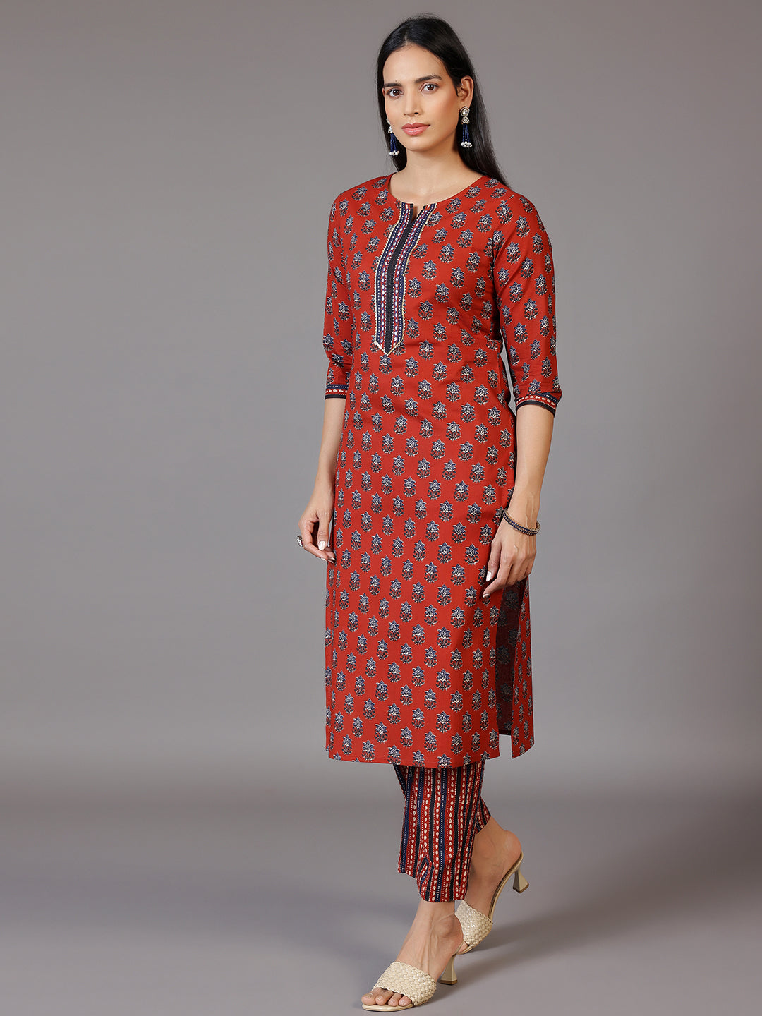 Rust Printed Cotton Straight Suit With Dupatta