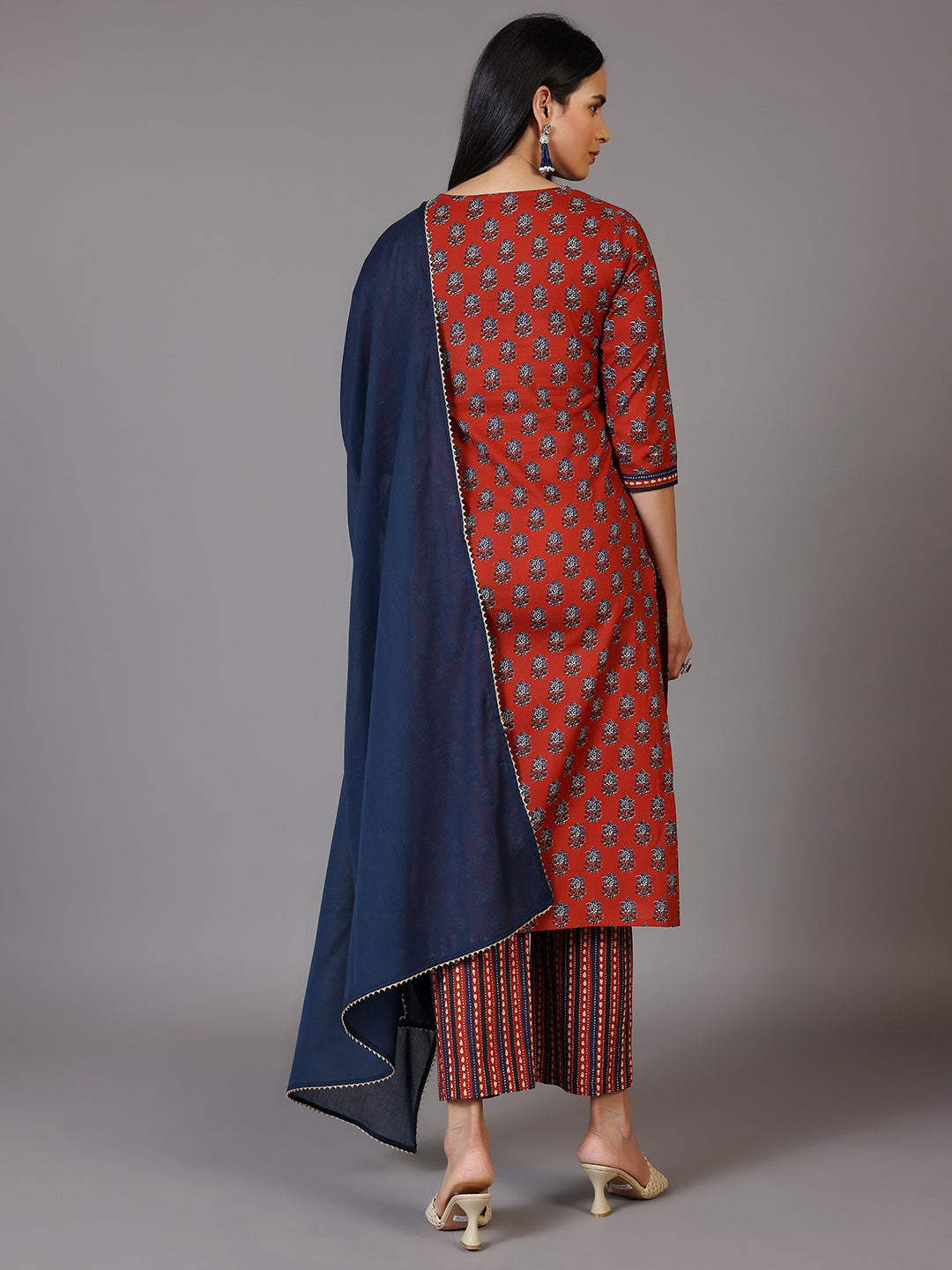 Rust Printed Cotton Straight Suit With Dupatta