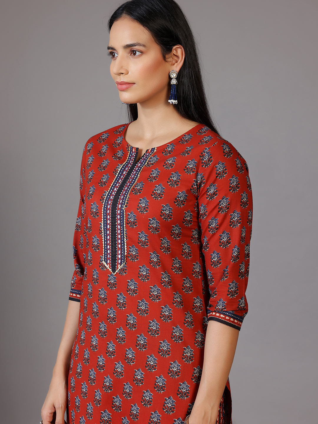 Rust Printed Cotton Straight Suit With Dupatta