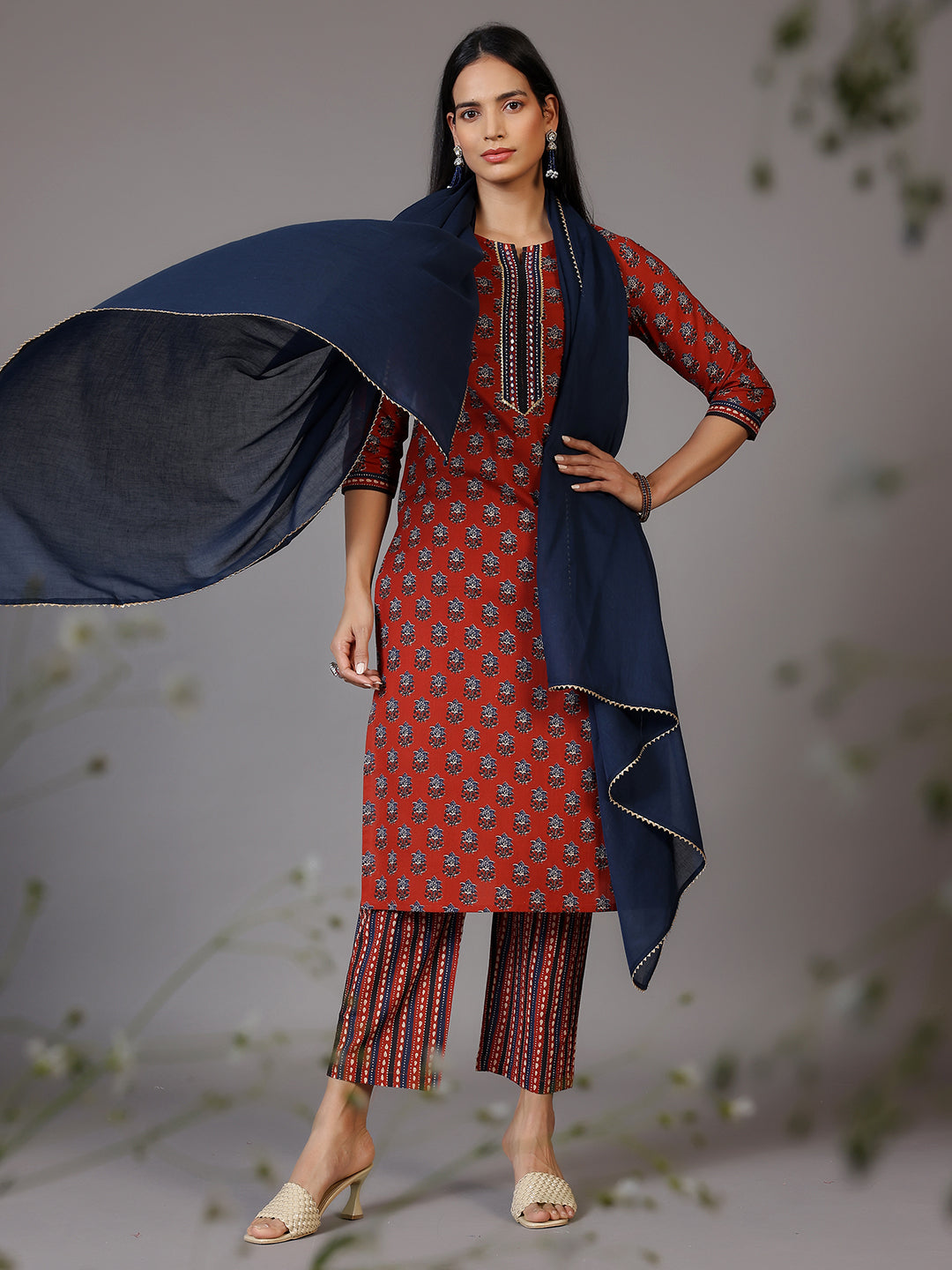 Rust Printed Cotton Straight Suit With Dupatta