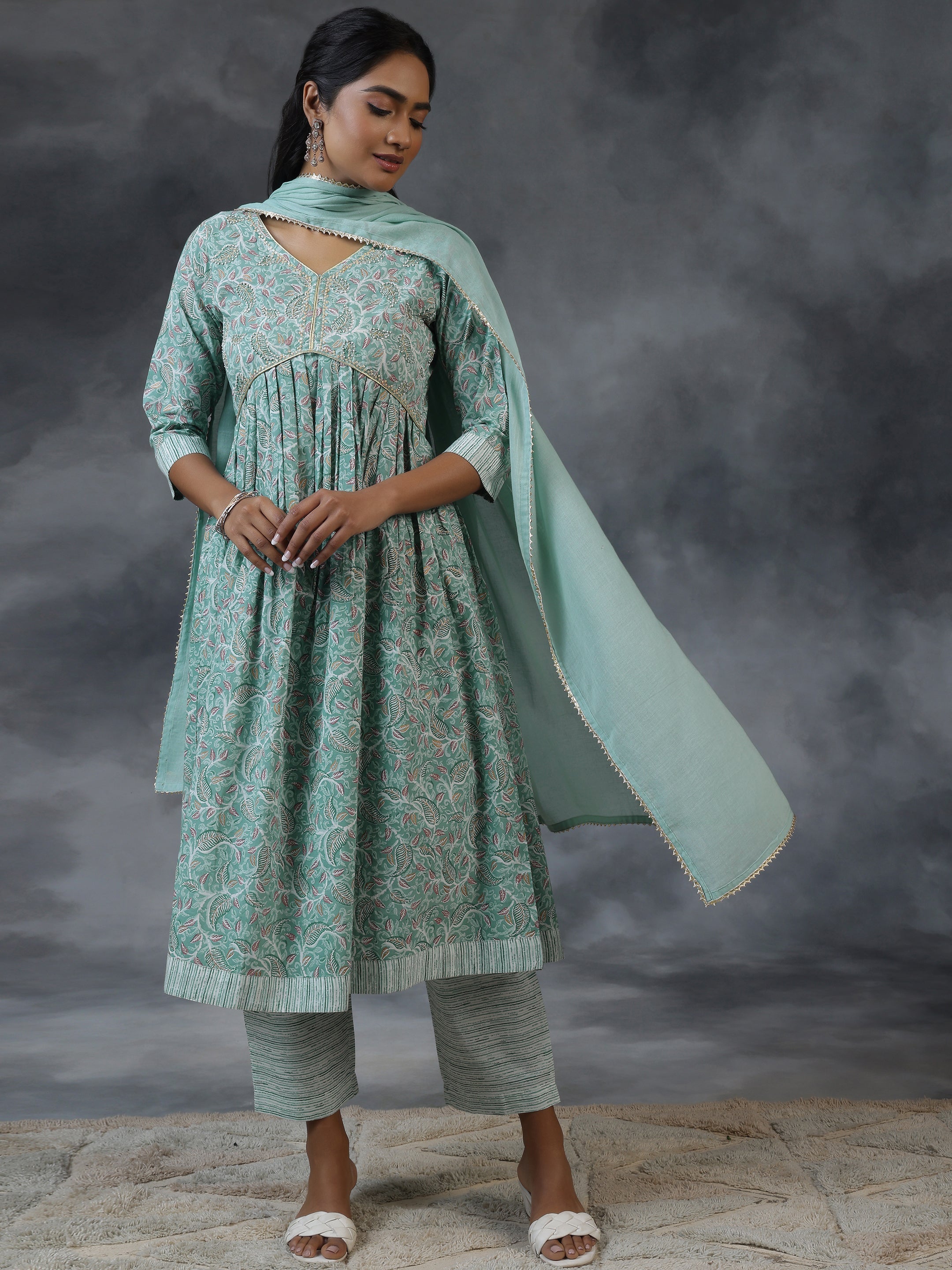 Green Printed Cotton Anarkali Suit With Dupatta