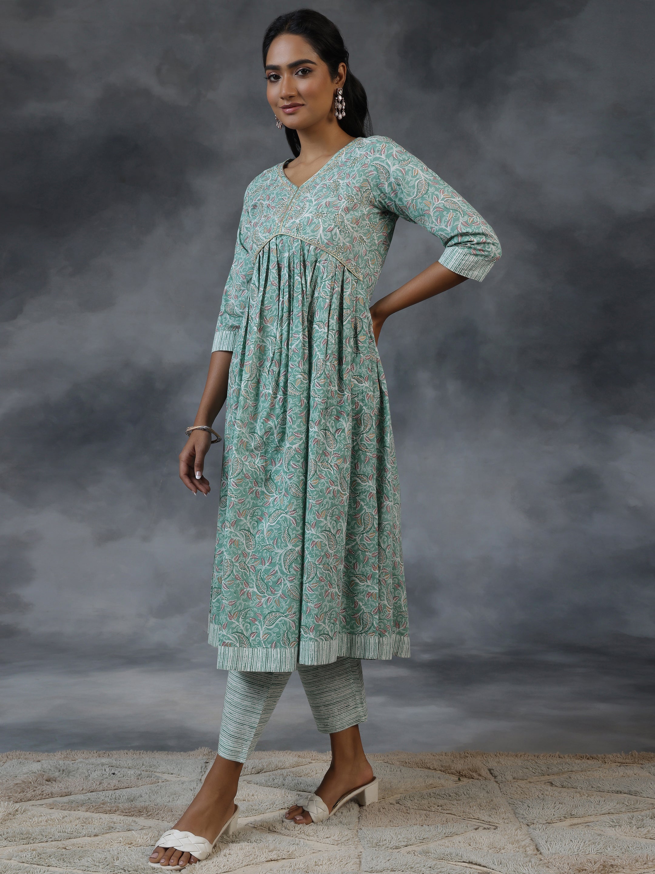 Green Printed Cotton Anarkali Suit With Dupatta