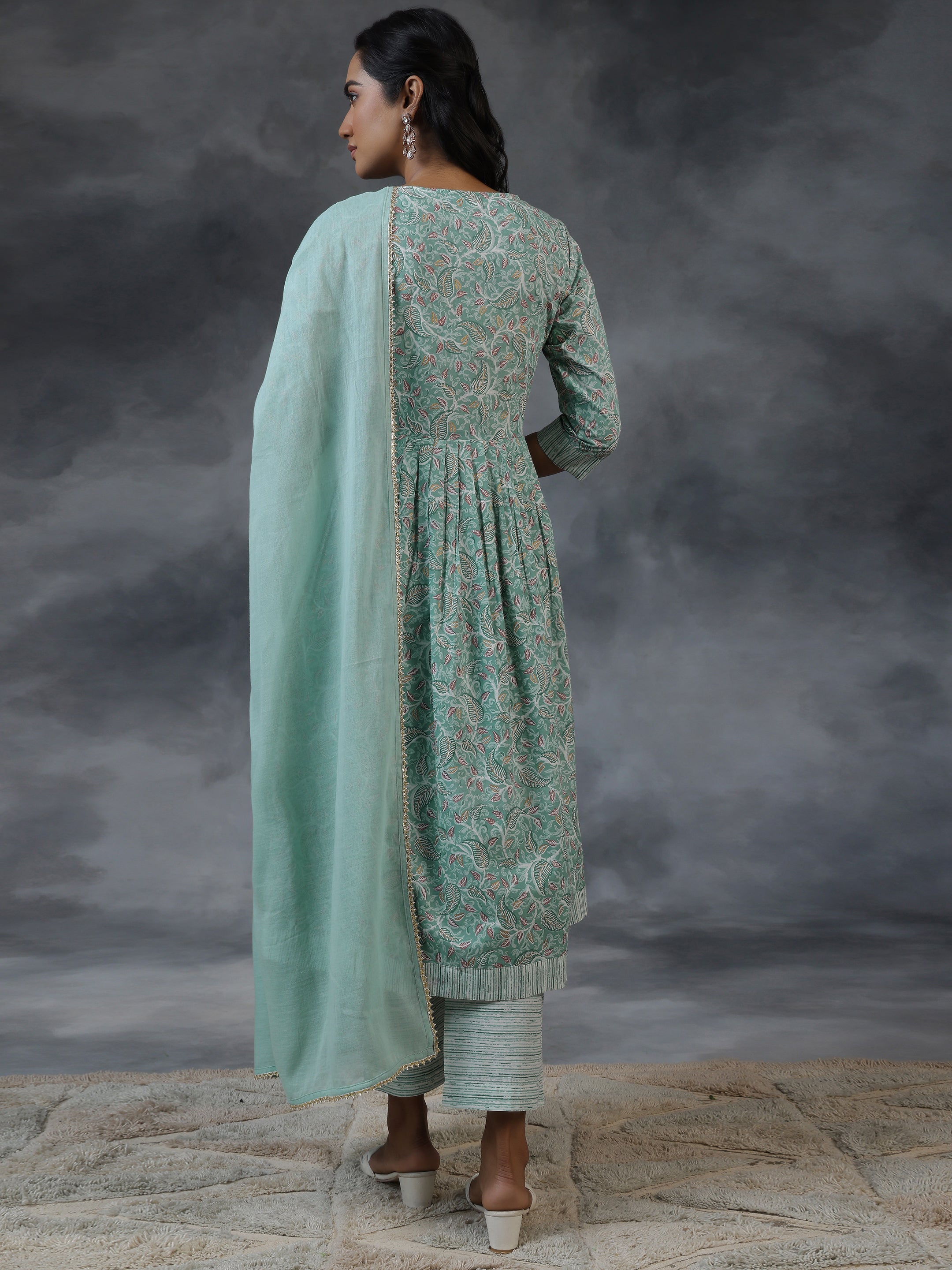 Green Printed Cotton Anarkali Suit With Dupatta