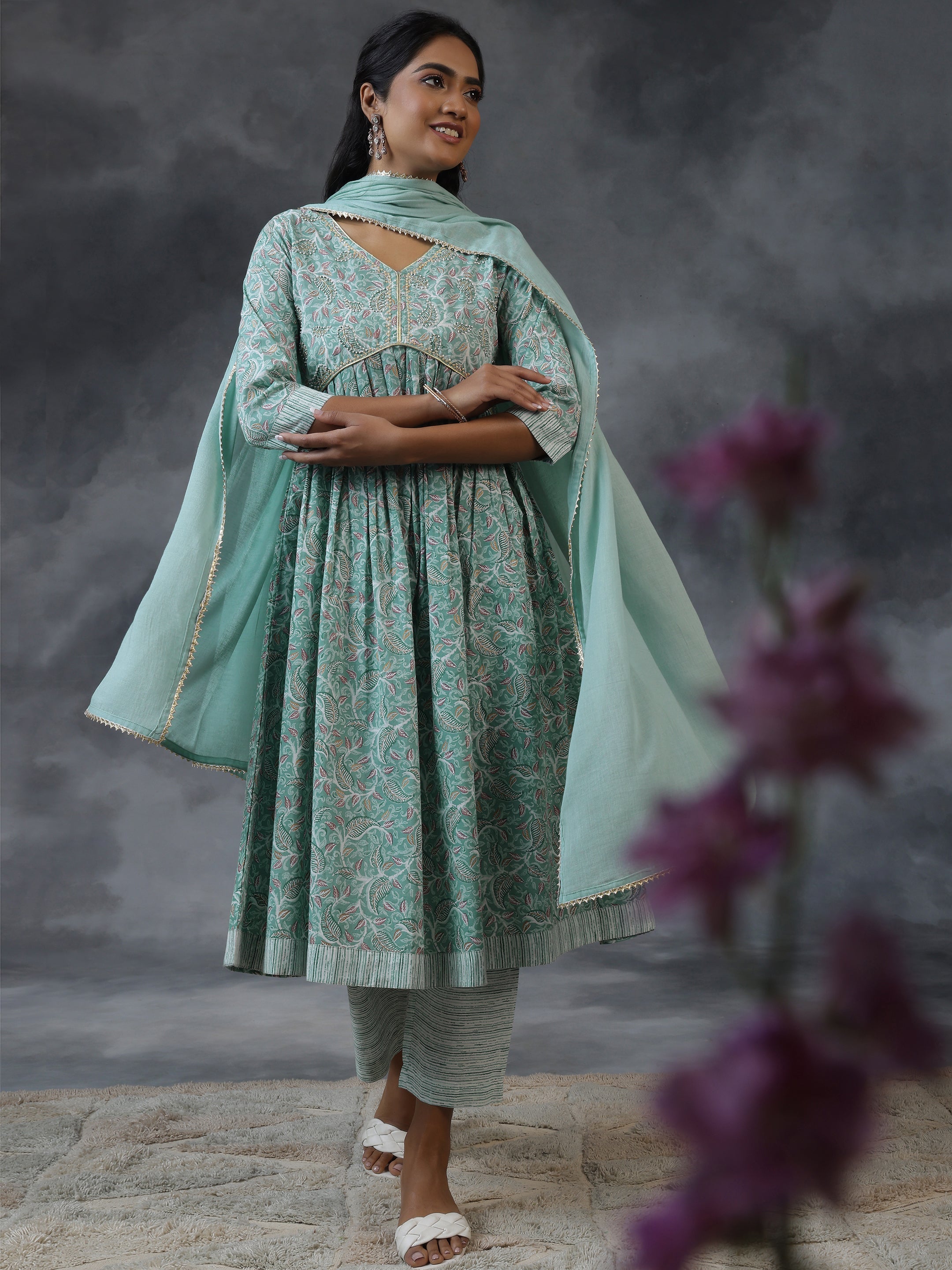 Green Printed Cotton Anarkali Suit With Dupatta