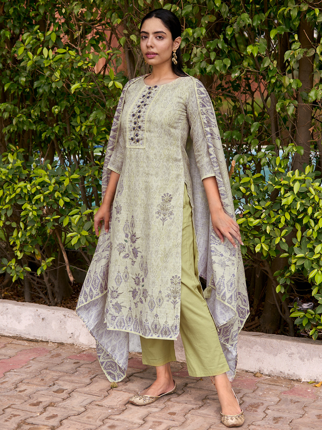 Green Printed Cotton Straight Suit With Dupatta