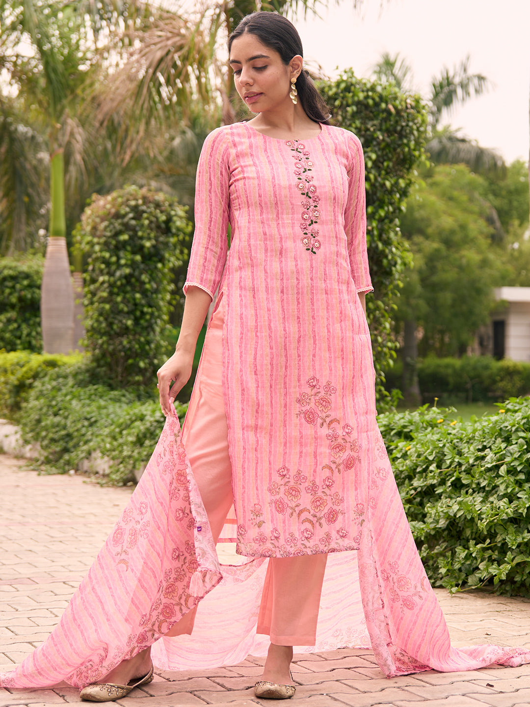 Pink Printed Cotton Straight Suit With Dupatta