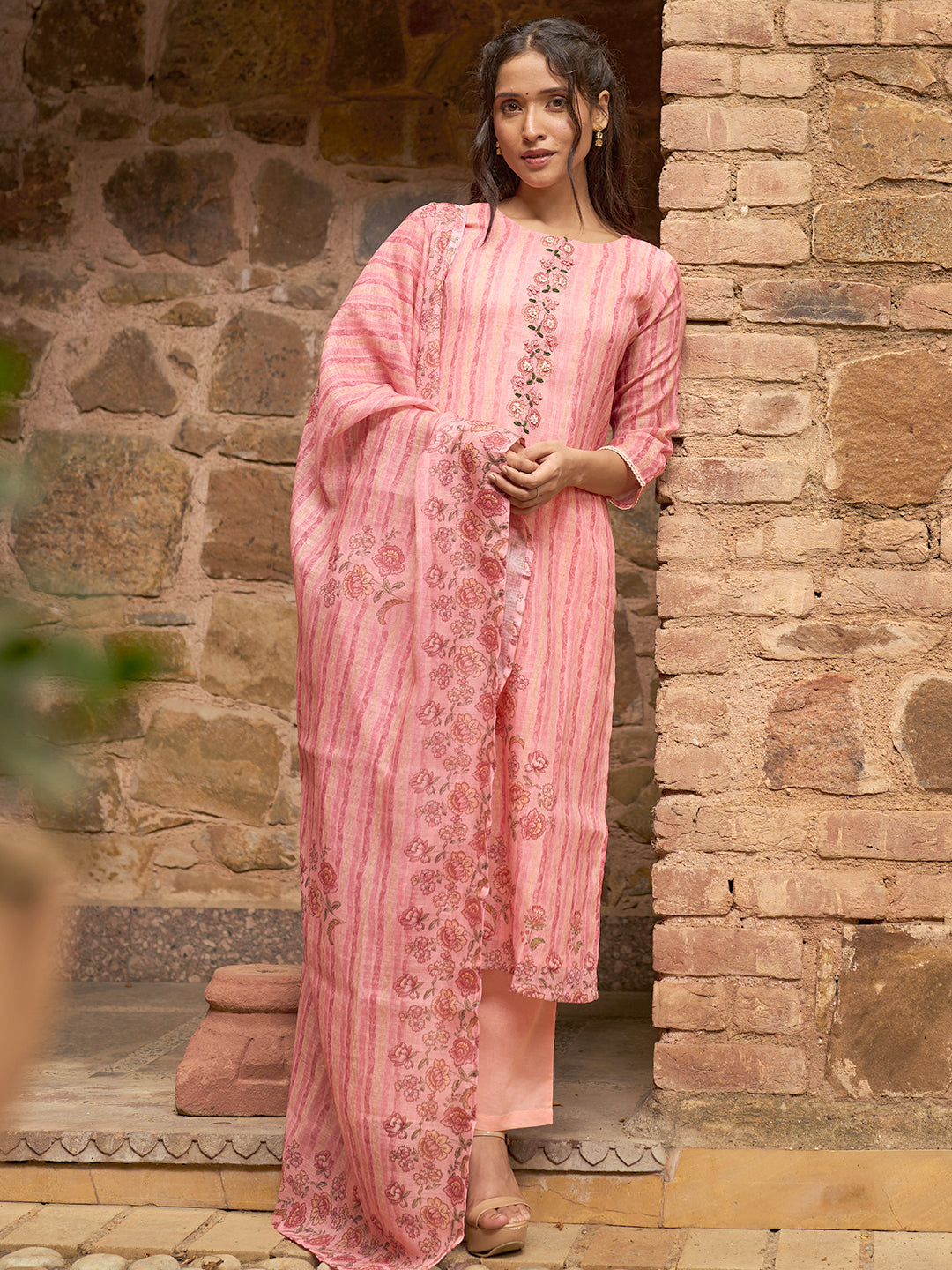 Pink Printed Cotton Straight Suit With Dupatta