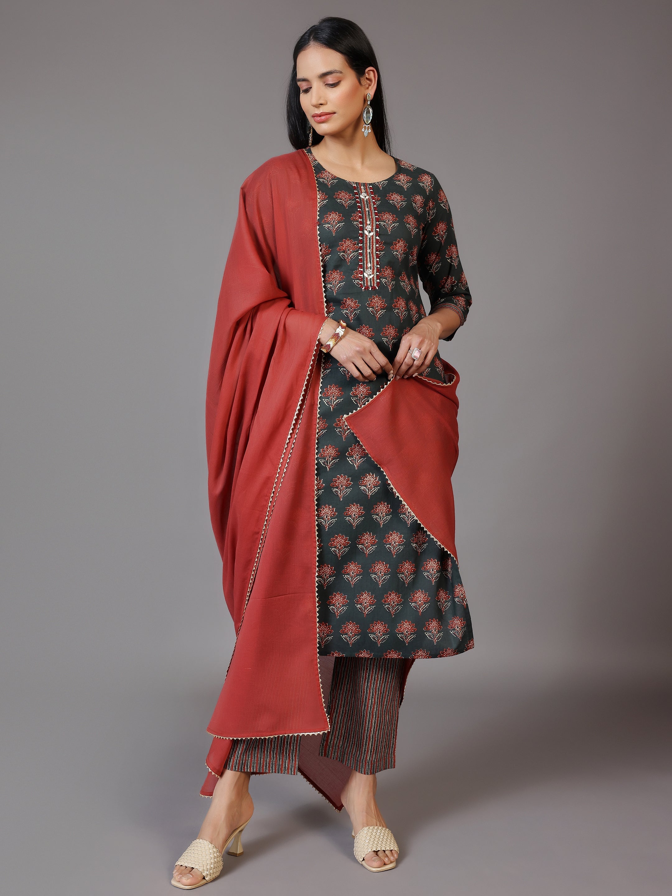 Green Printed Cotton Straight Suit With Dupatta