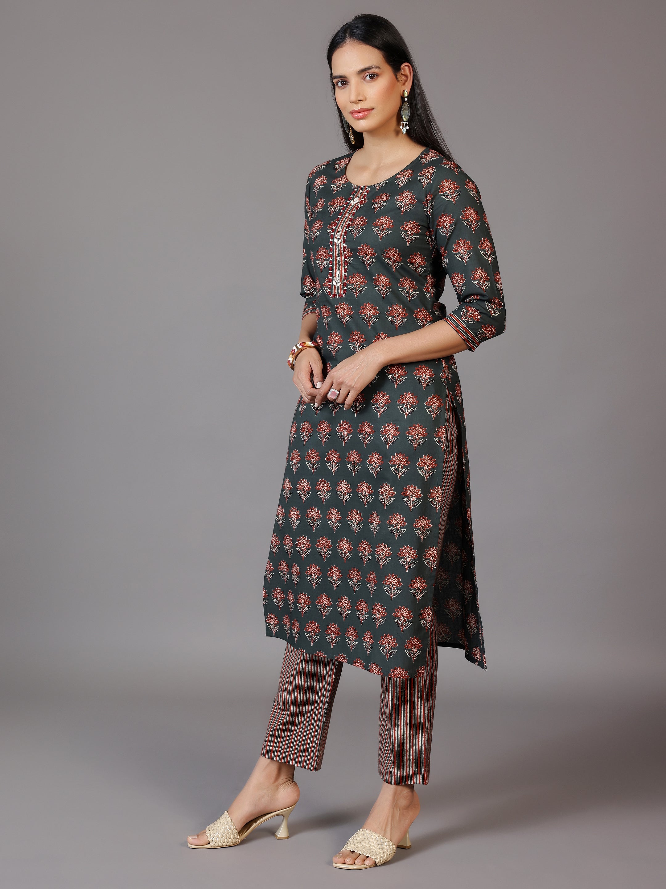 Green Printed Cotton Straight Suit With Dupatta