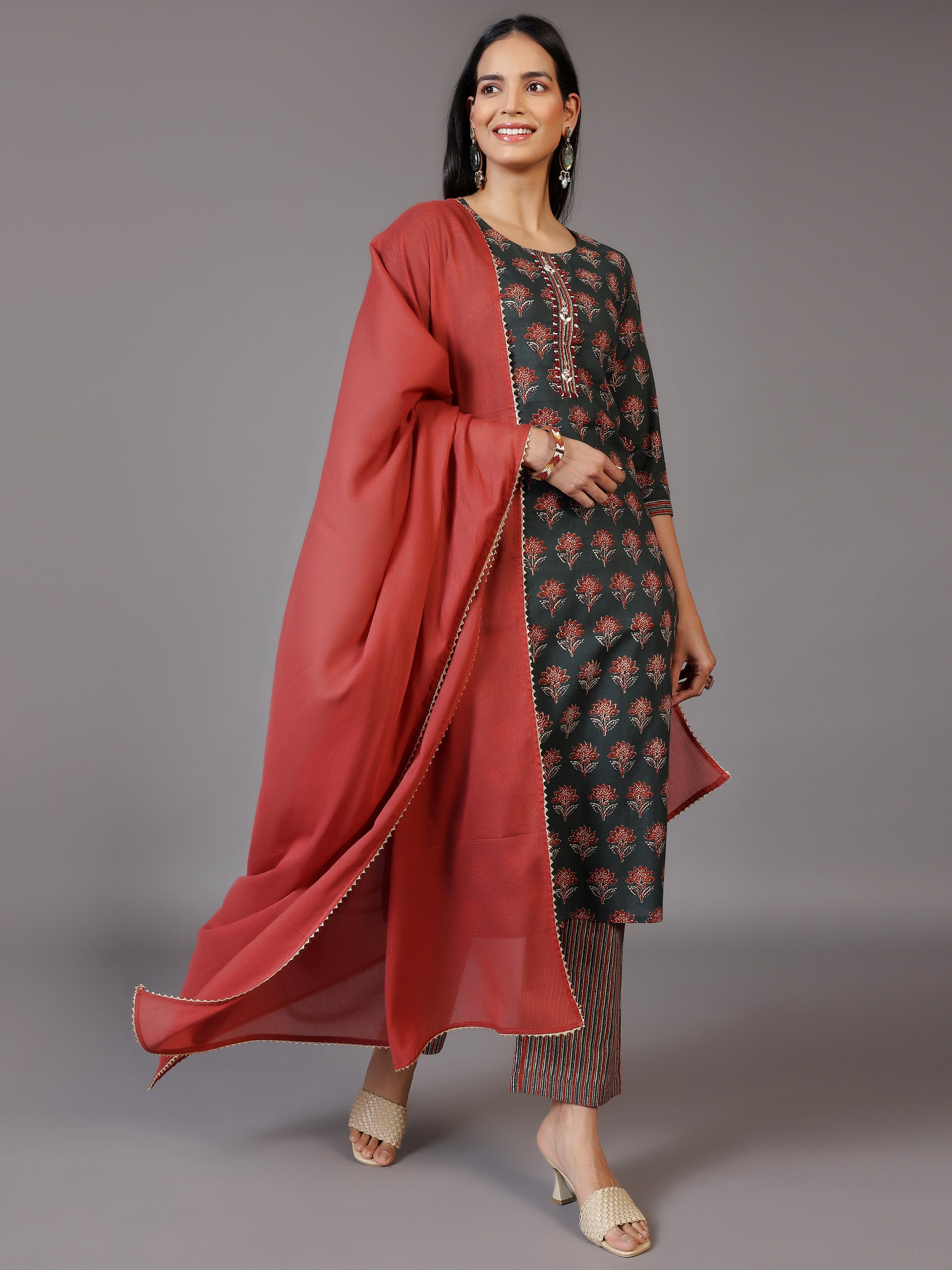 Green Printed Cotton Straight Suit With Dupatta