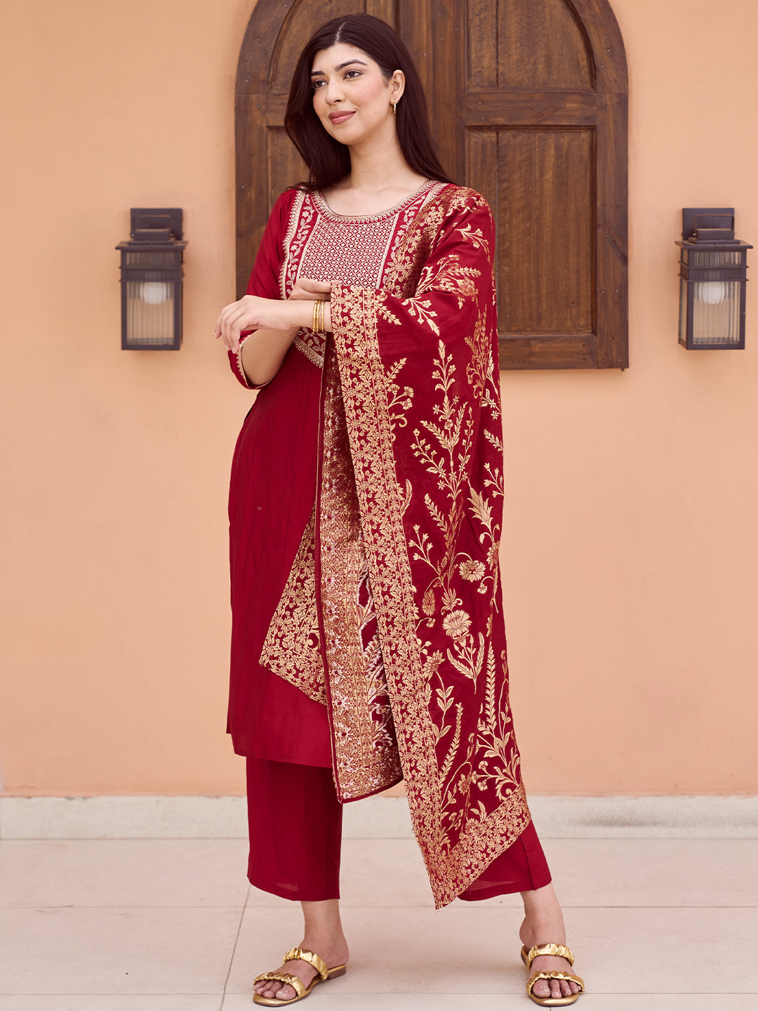 Maroon Yoke Design Silk Blend Straight Suit With Dupatta