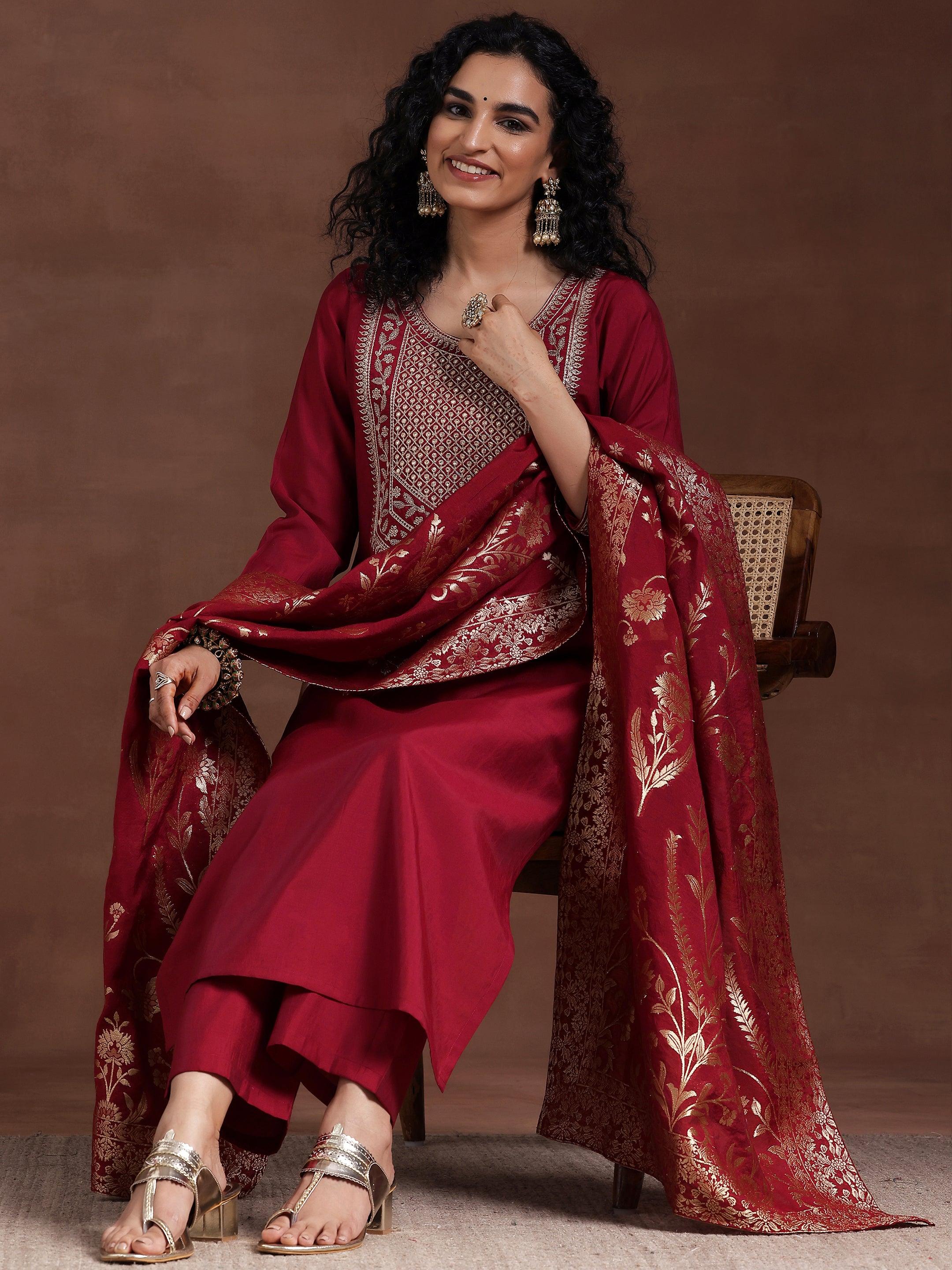 Maroon Yoke Design Silk Blend Straight Suit With Dupatta