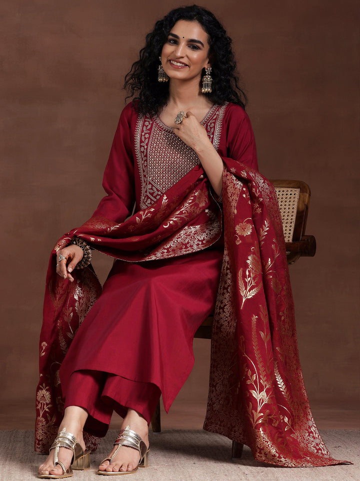 Maroon Yoke Design Silk Blend Straight Suit With Dupatta - Libas