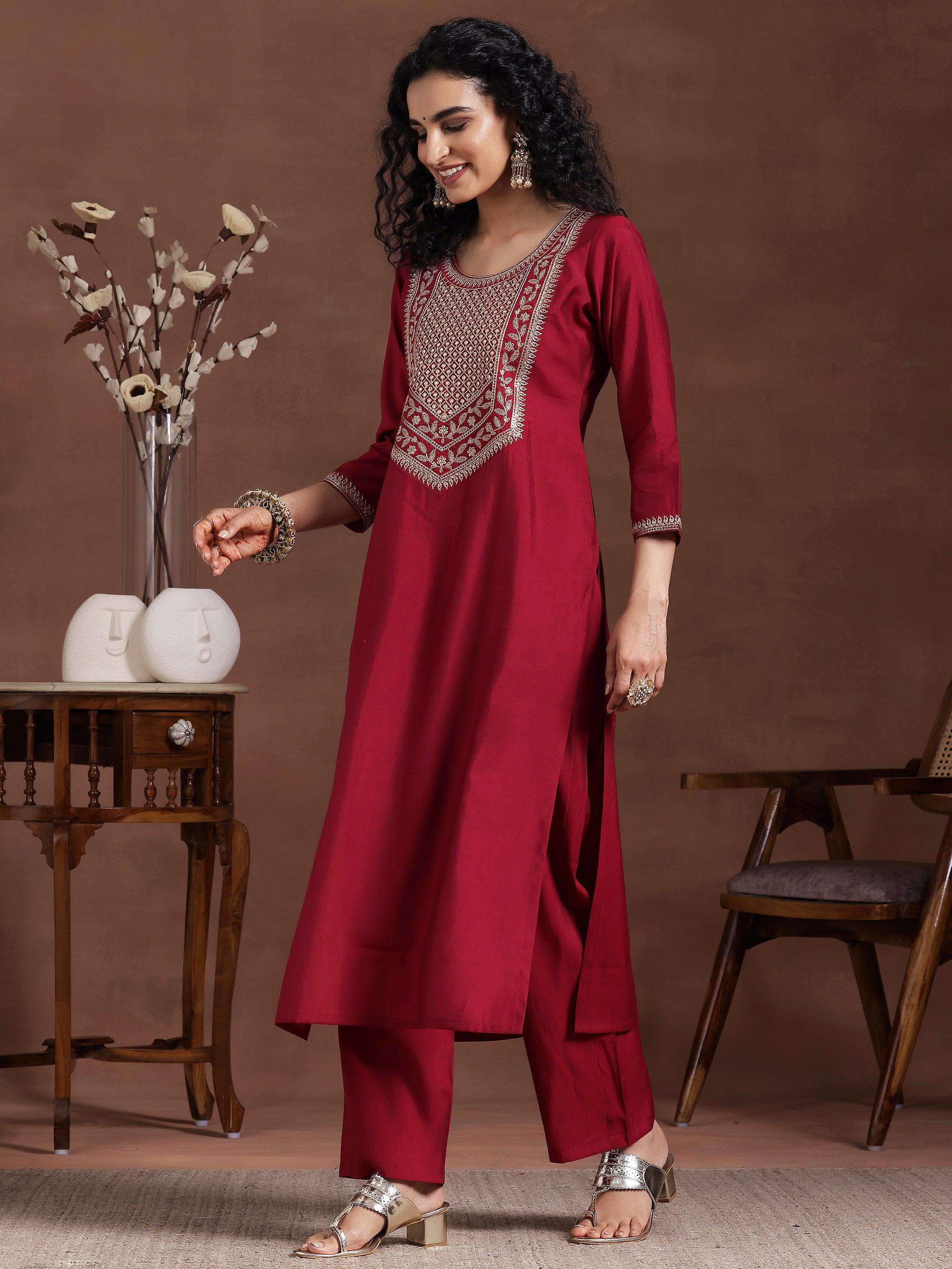 Maroon Yoke Design Silk Blend Straight Suit With Dupatta