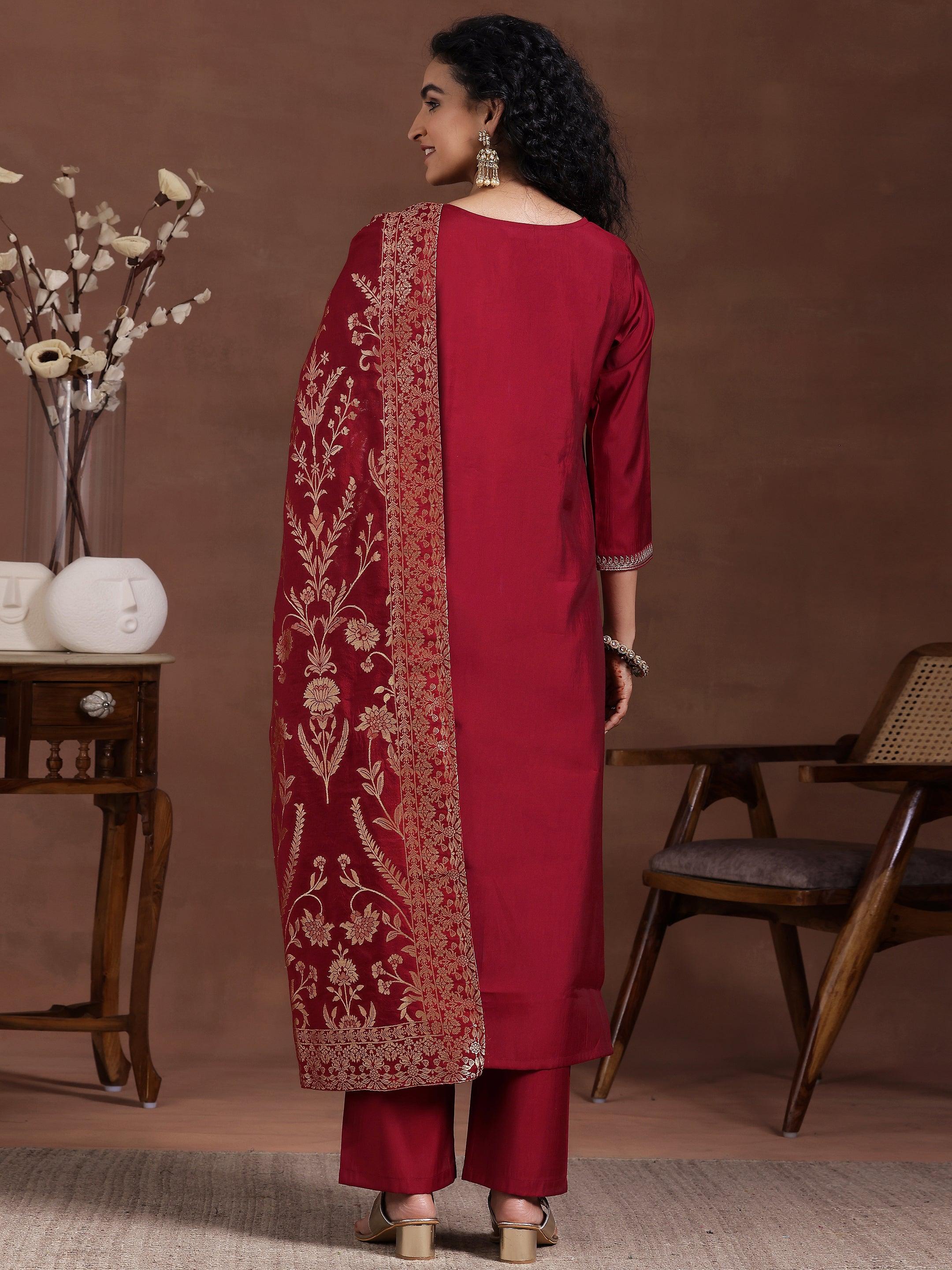 Maroon Yoke Design Silk Blend Straight Suit With Dupatta