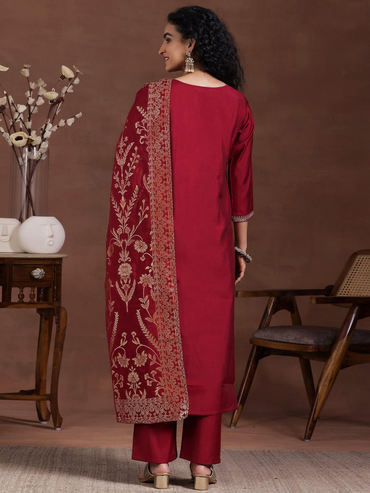 Maroon Yoke Design Silk Blend Straight Suit With Dupatta - Libas