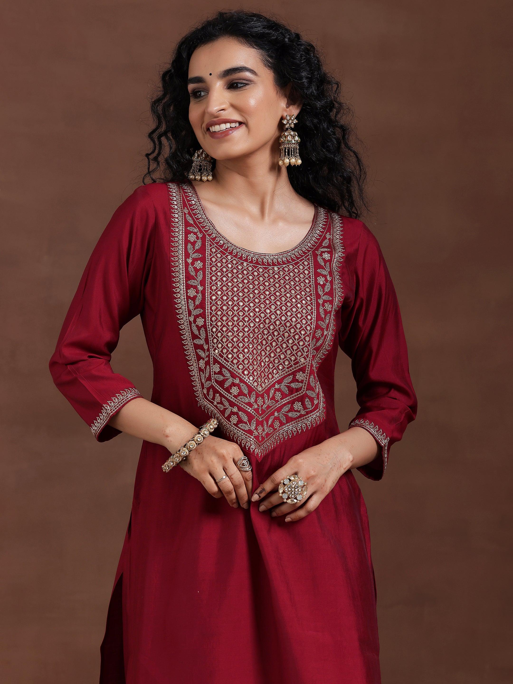 Maroon Yoke Design Silk Blend Straight Suit With Dupatta