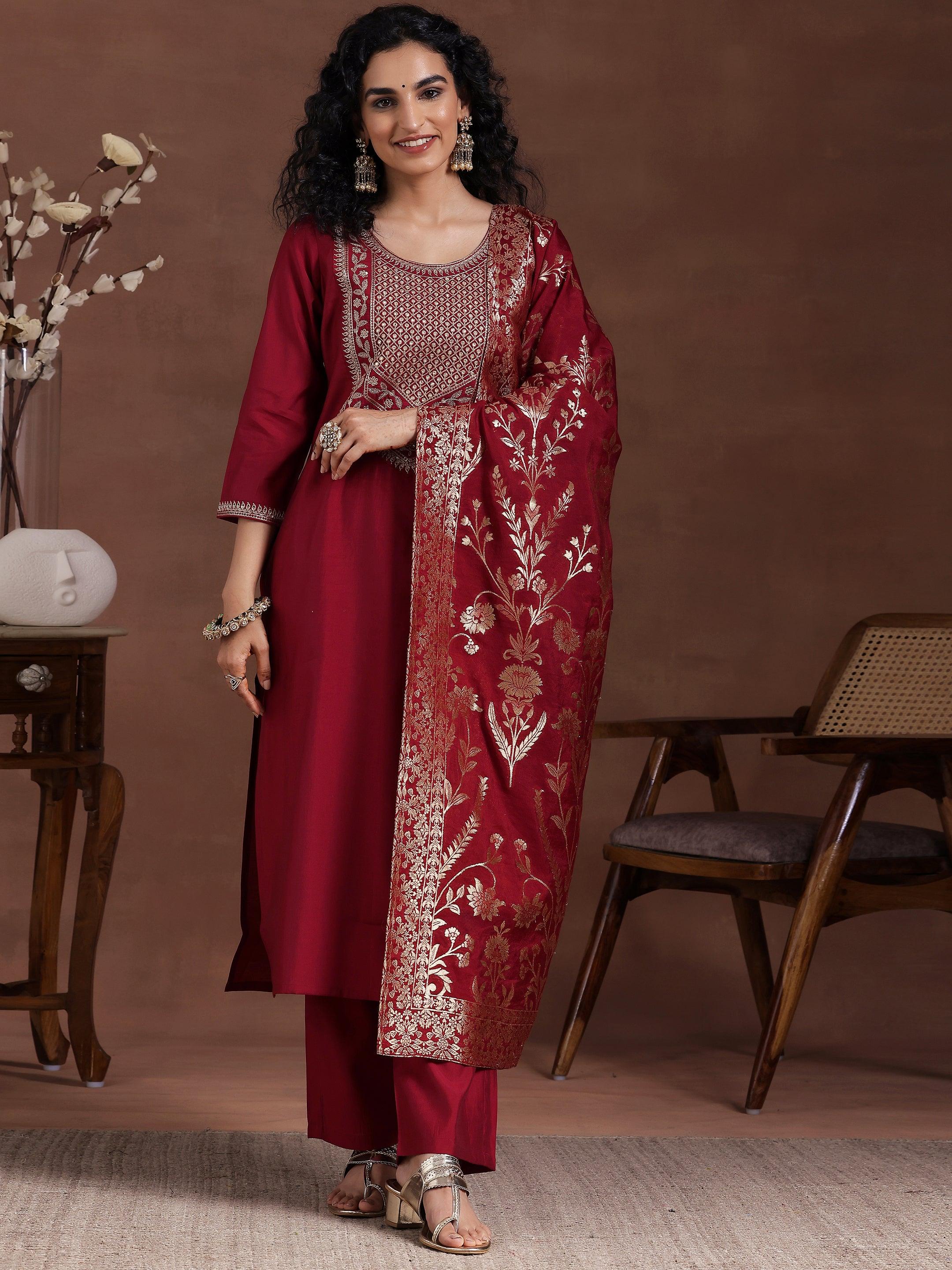 Maroon Yoke Design Silk Blend Straight Suit With Dupatta