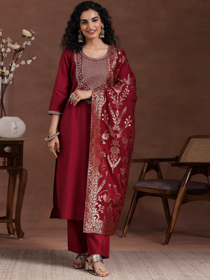 Maroon Yoke Design Silk Blend Straight Suit With Dupatta - Libas