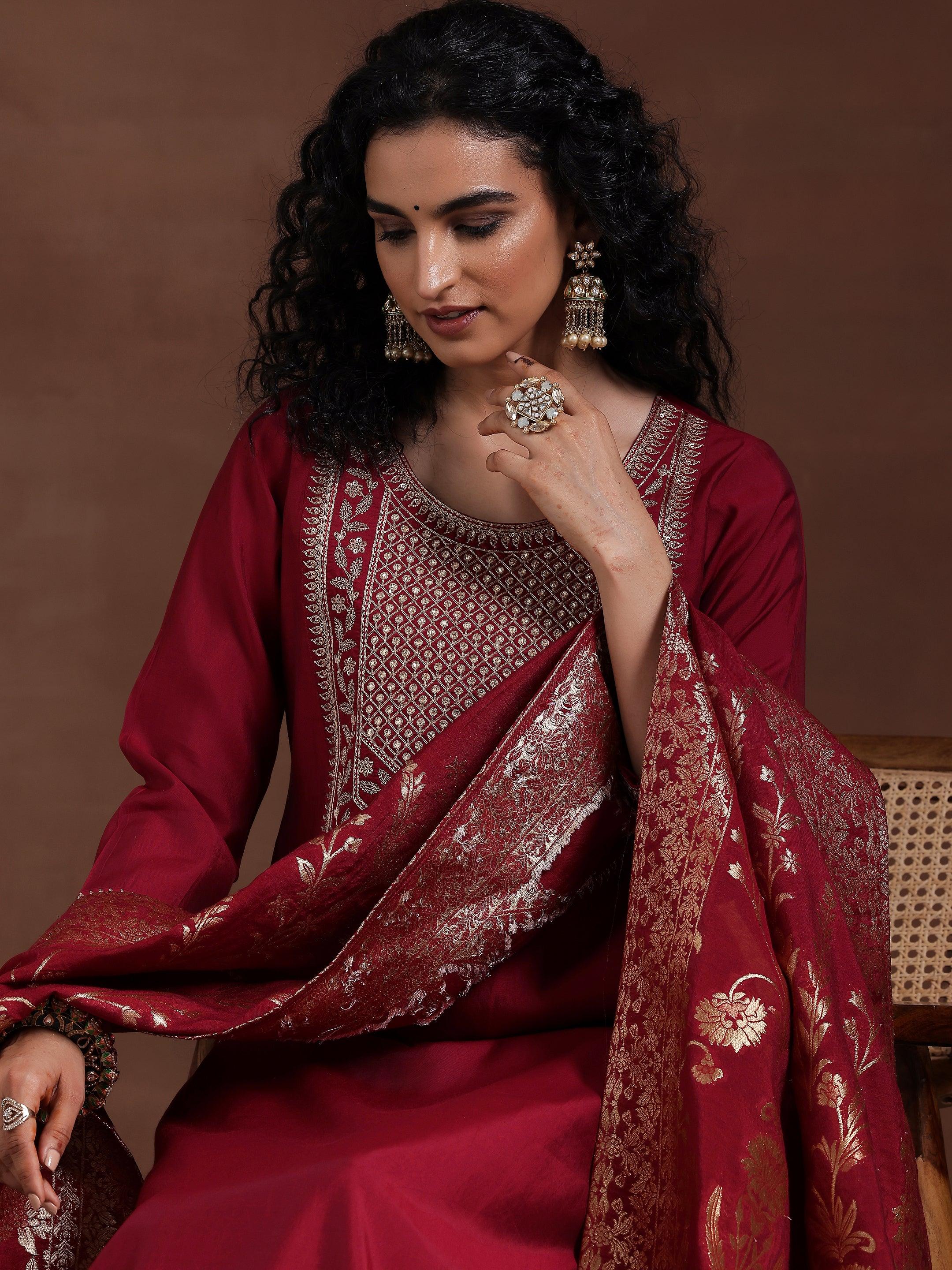 Maroon Yoke Design Silk Blend Straight Suit With Dupatta