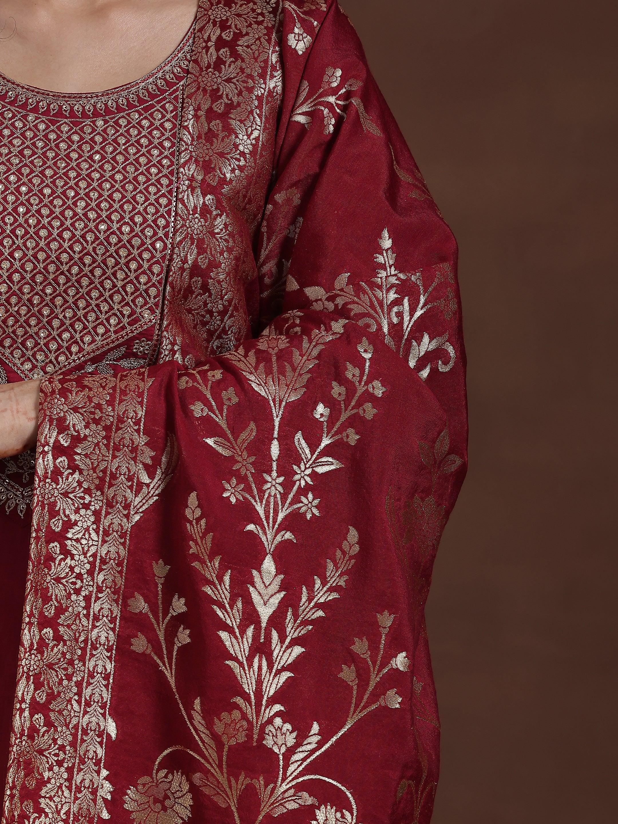 Maroon Yoke Design Silk Blend Straight Suit With Dupatta