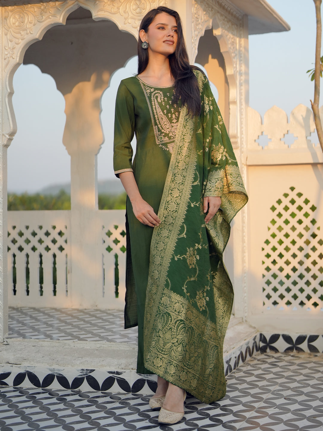 Olive Yoke Design Silk Blend Straight Suits With Dupatta