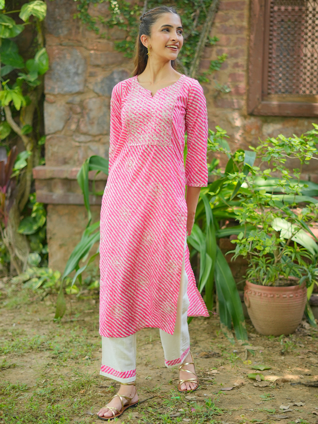 Pink Printed Cotton Straight Kurta Set