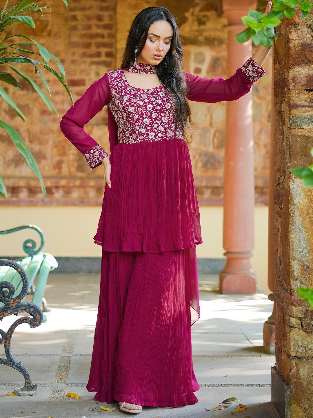 Libas Art Pink Embroidered Georgette A-Line Kurta With Sharara & Dupatta