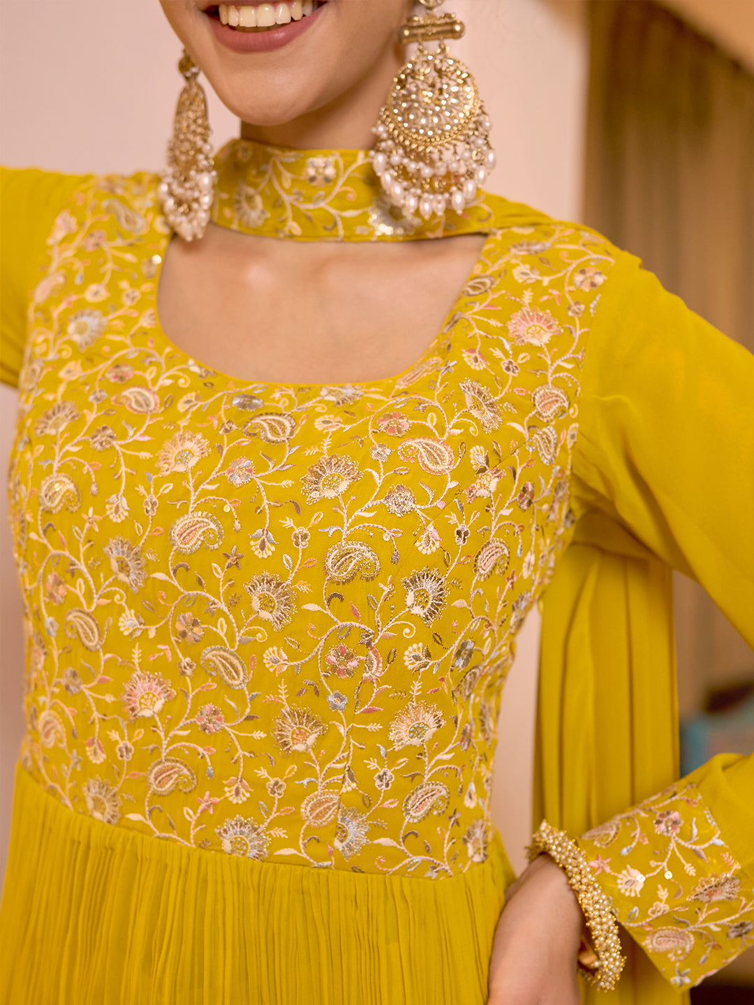 Libas Art Mustard Embroidered Georgette A-Line Kurta With Sharara & Dupatta