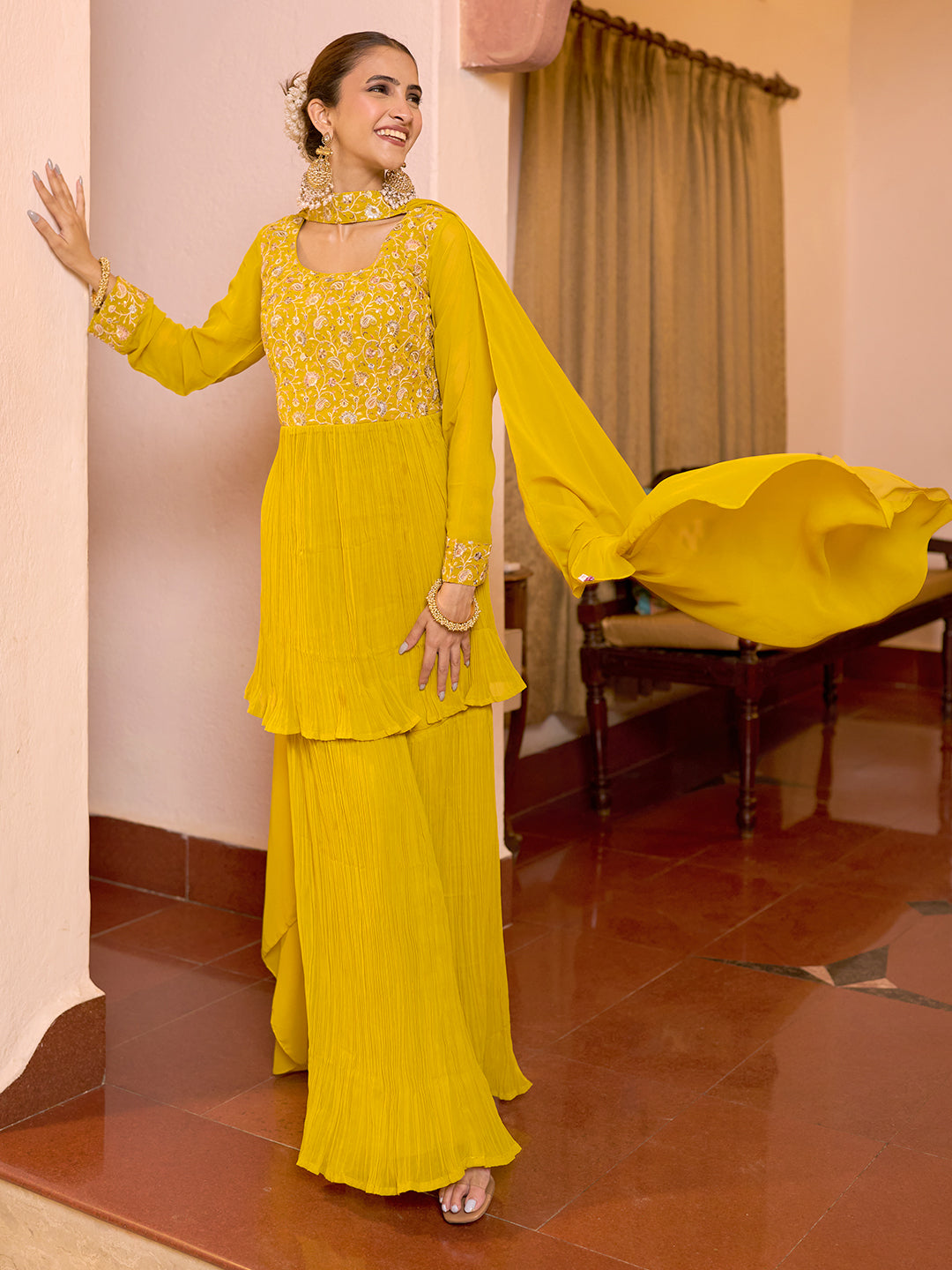 Libas Art Mustard Embroidered Georgette A-Line Kurta With Sharara & Dupatta