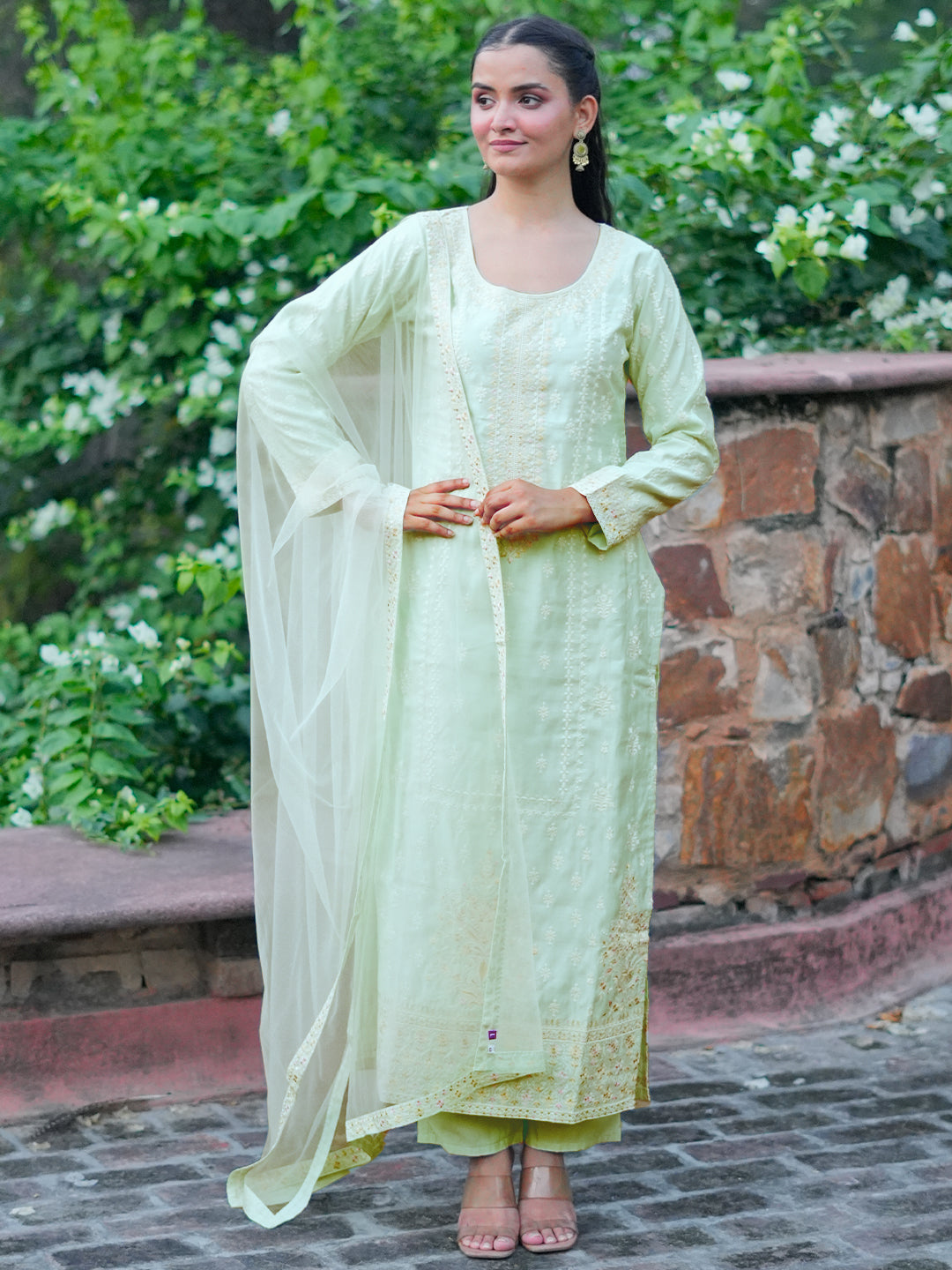 Libas Art Sea Green Embroidered Silk Blend Straight Suit With Dupatta